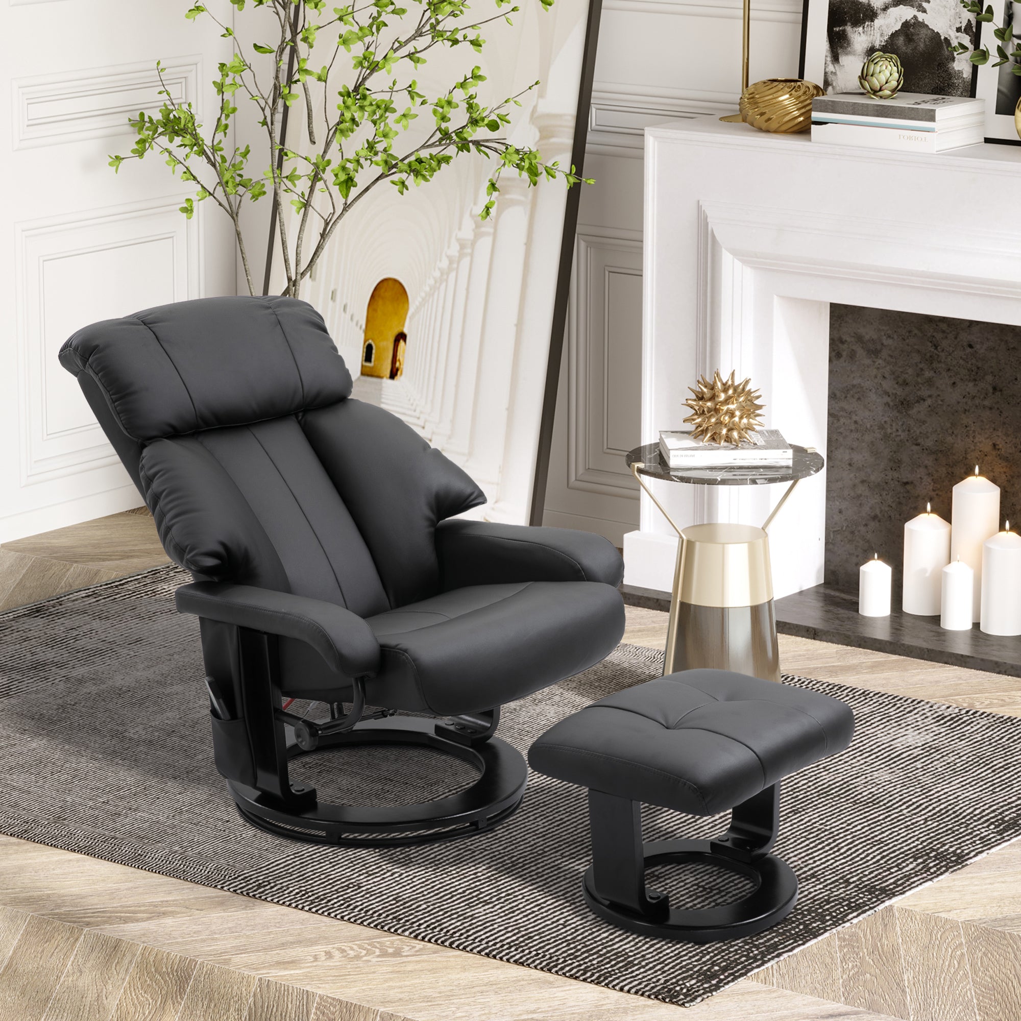 Massage Recliner Chair with Ottoman, Swivel Recliner and Footstool, 10 Point Vibration, PU Leather Reclining Chair Black