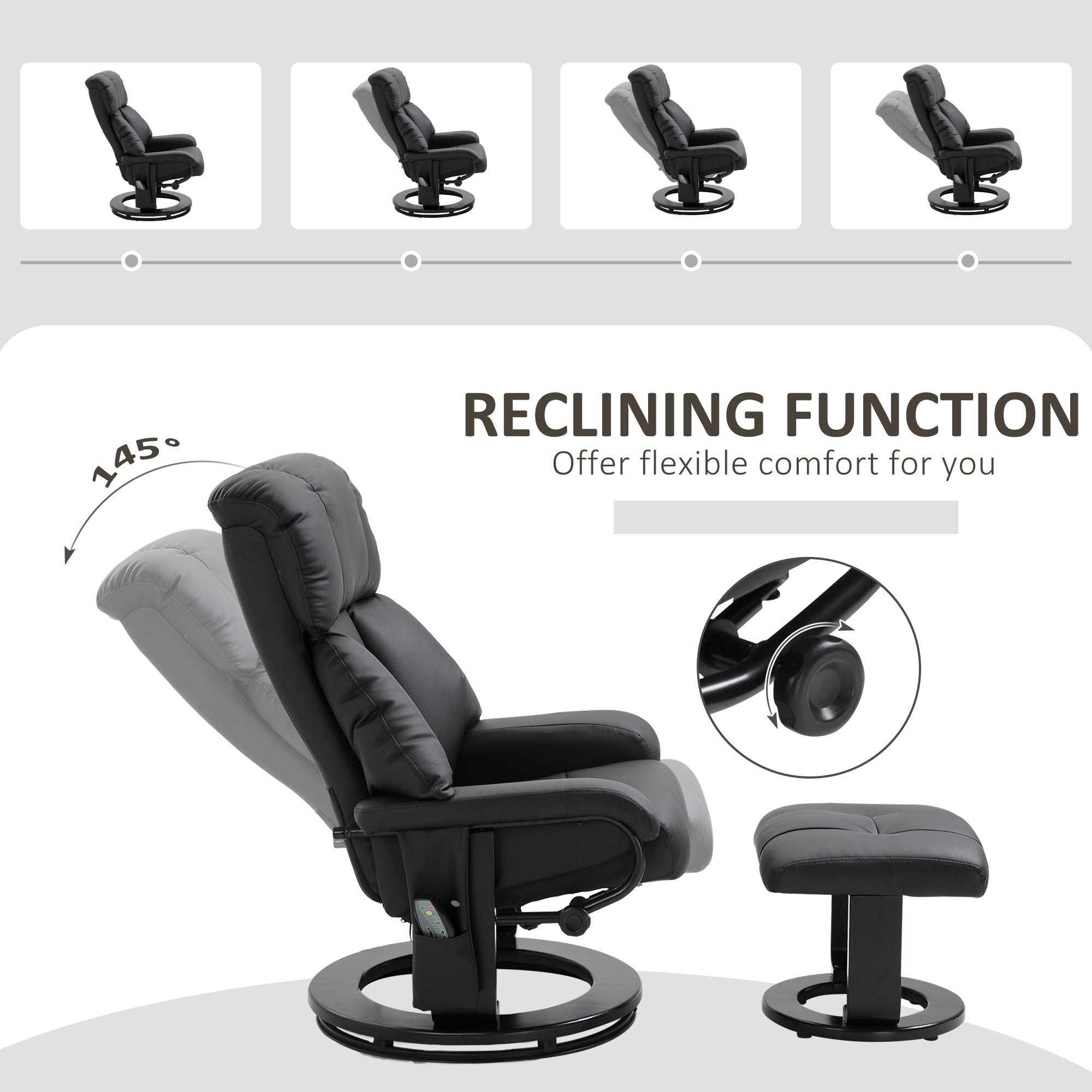 Massage Recliner Chair with Ottoman, Swivel Recliner and Footstool, 10 Point Vibration, PU Leather Reclining Chair Black