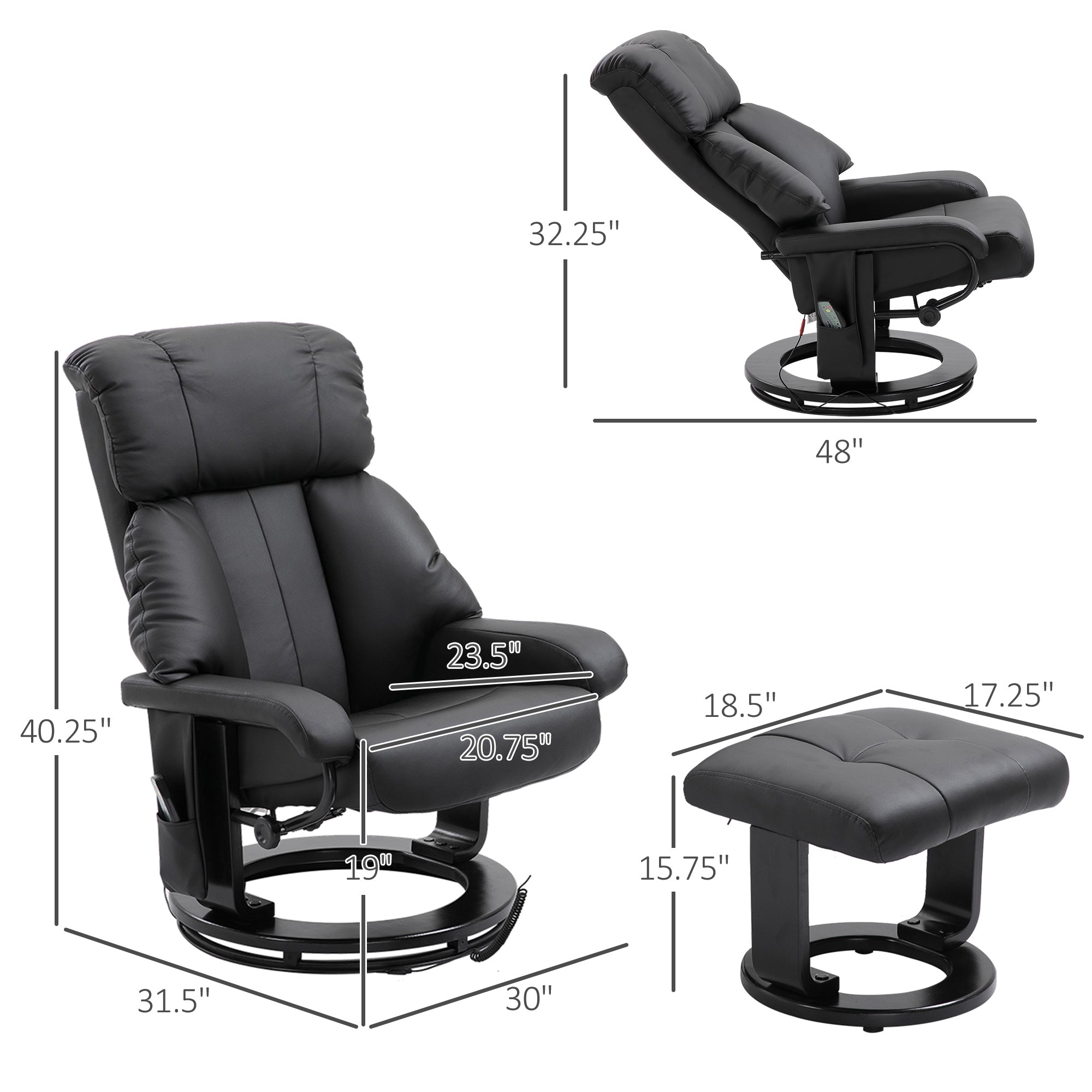 Massage Recliner Chair with Ottoman, Swivel Recliner and Footstool, 10 Point Vibration, PU Leather Reclining Chair Black