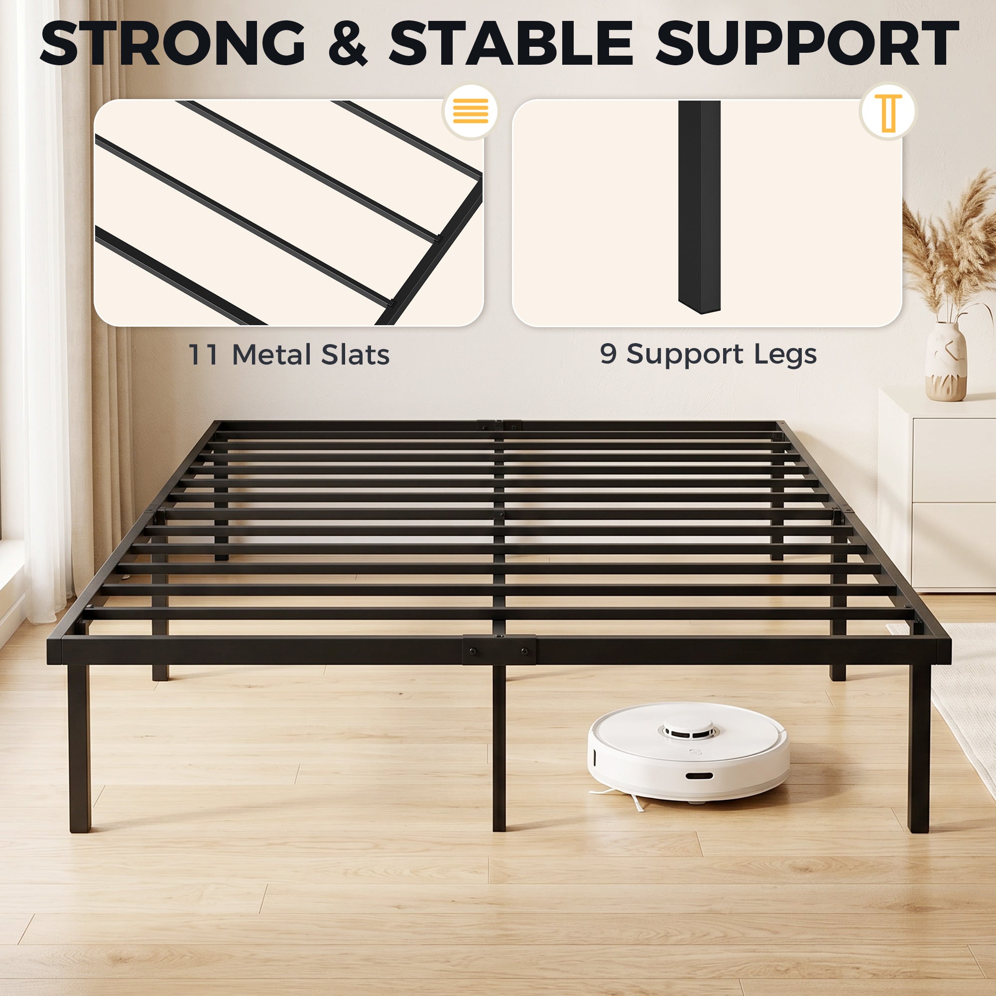 4ft6 Double Bed Frame with Underbed Storage, 35.5 cm Height, Metal Platform Bed Frame with Steel Slat Support, Noise-Free, No Box Spring Needed, Easy Assembly, Black