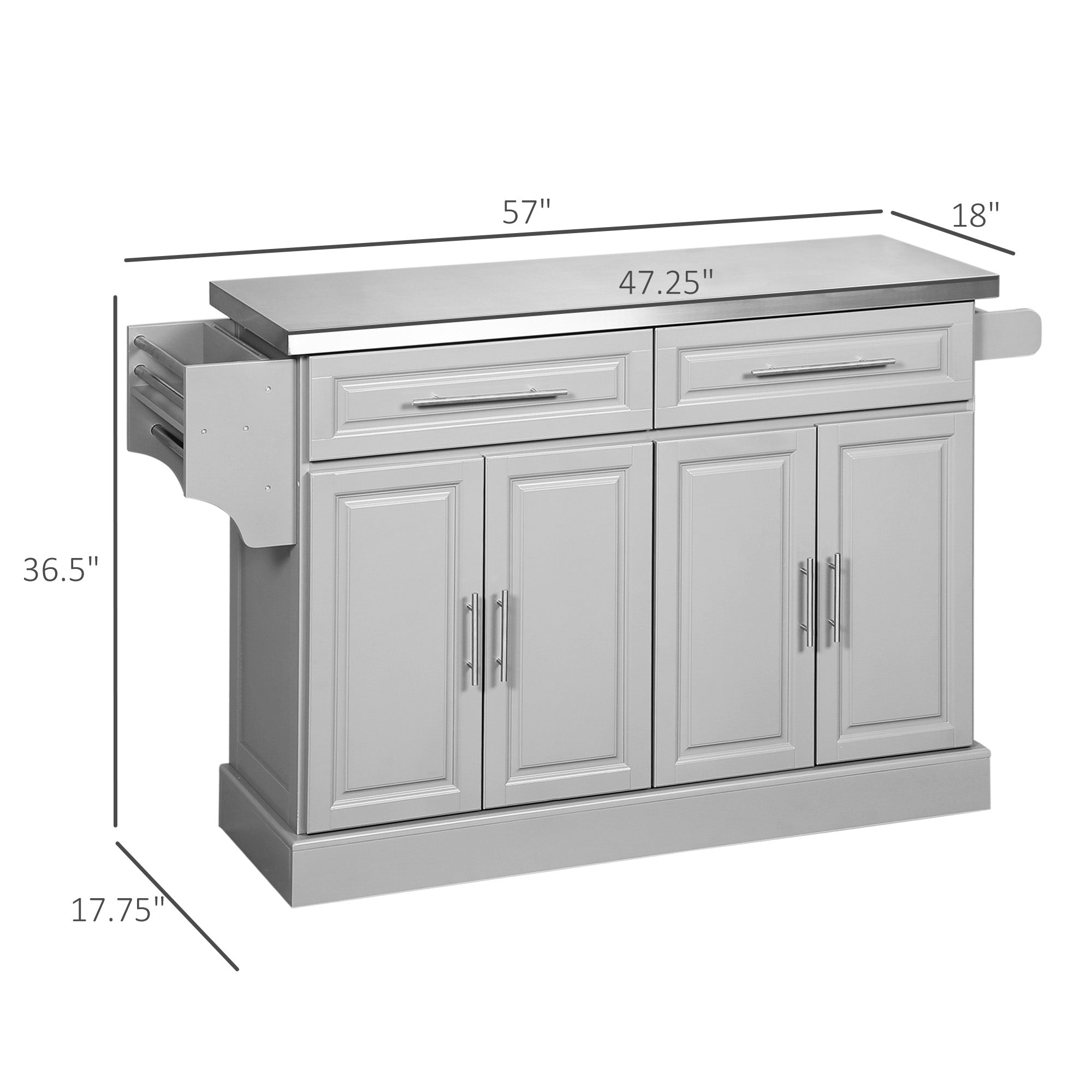 Rolling Kitchen Island with Storage Portable Cart with Stainless Steel Top 2 Drawers Gray