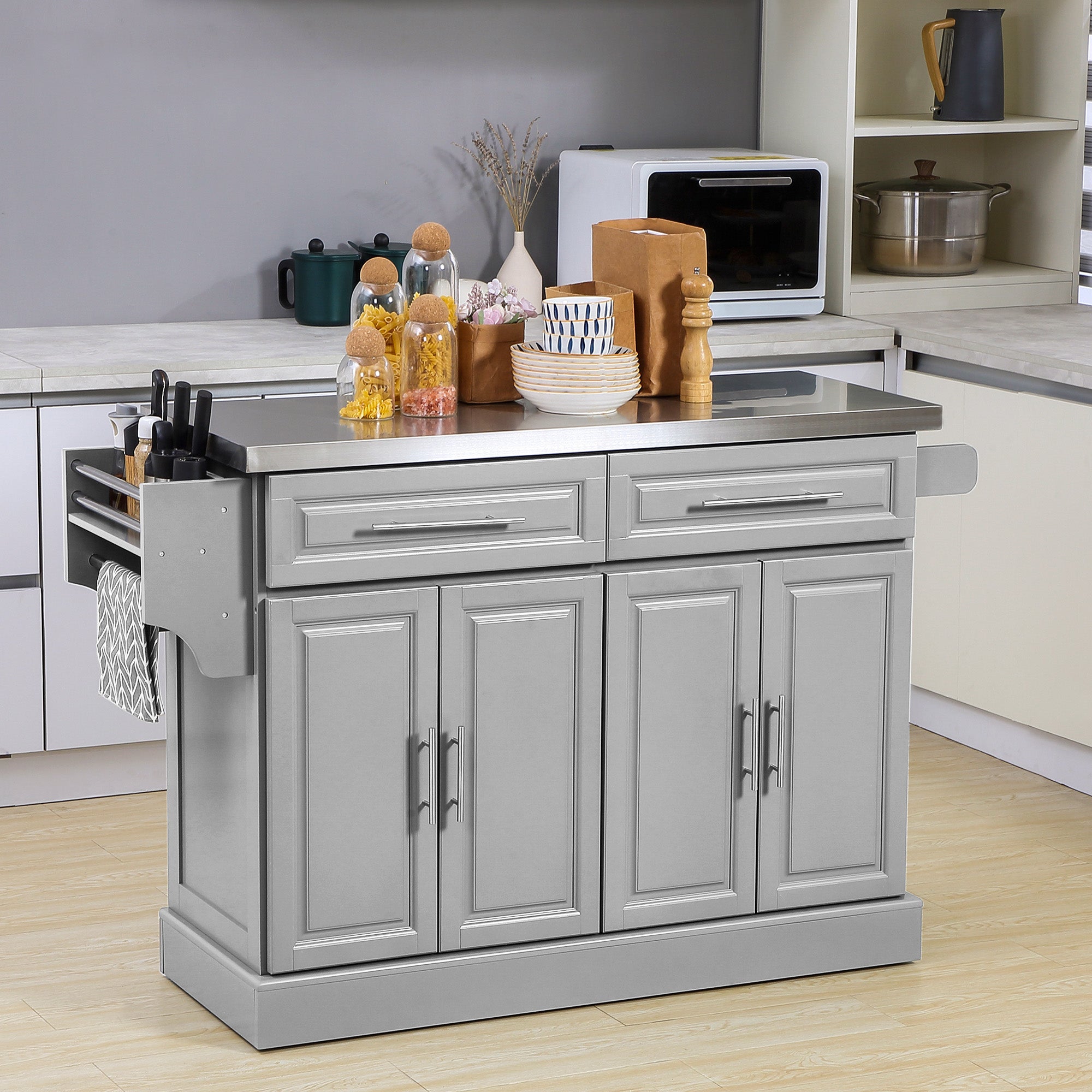 Rolling Kitchen Island with Storage Portable Cart with Stainless Steel Top 2 Drawers Gray