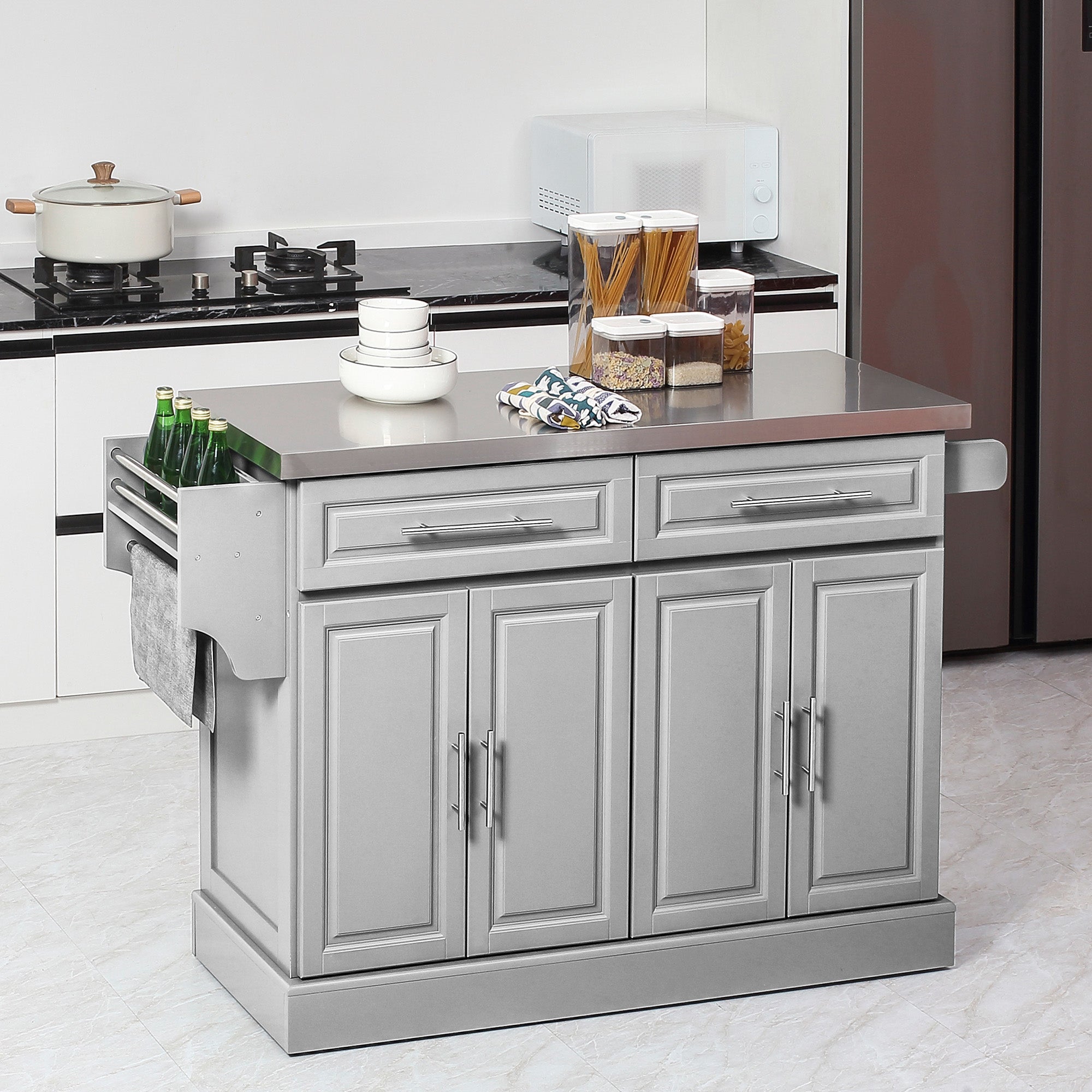 Rolling Kitchen Island with Storage Portable Cart with Stainless Steel Top 2 Drawers Gray