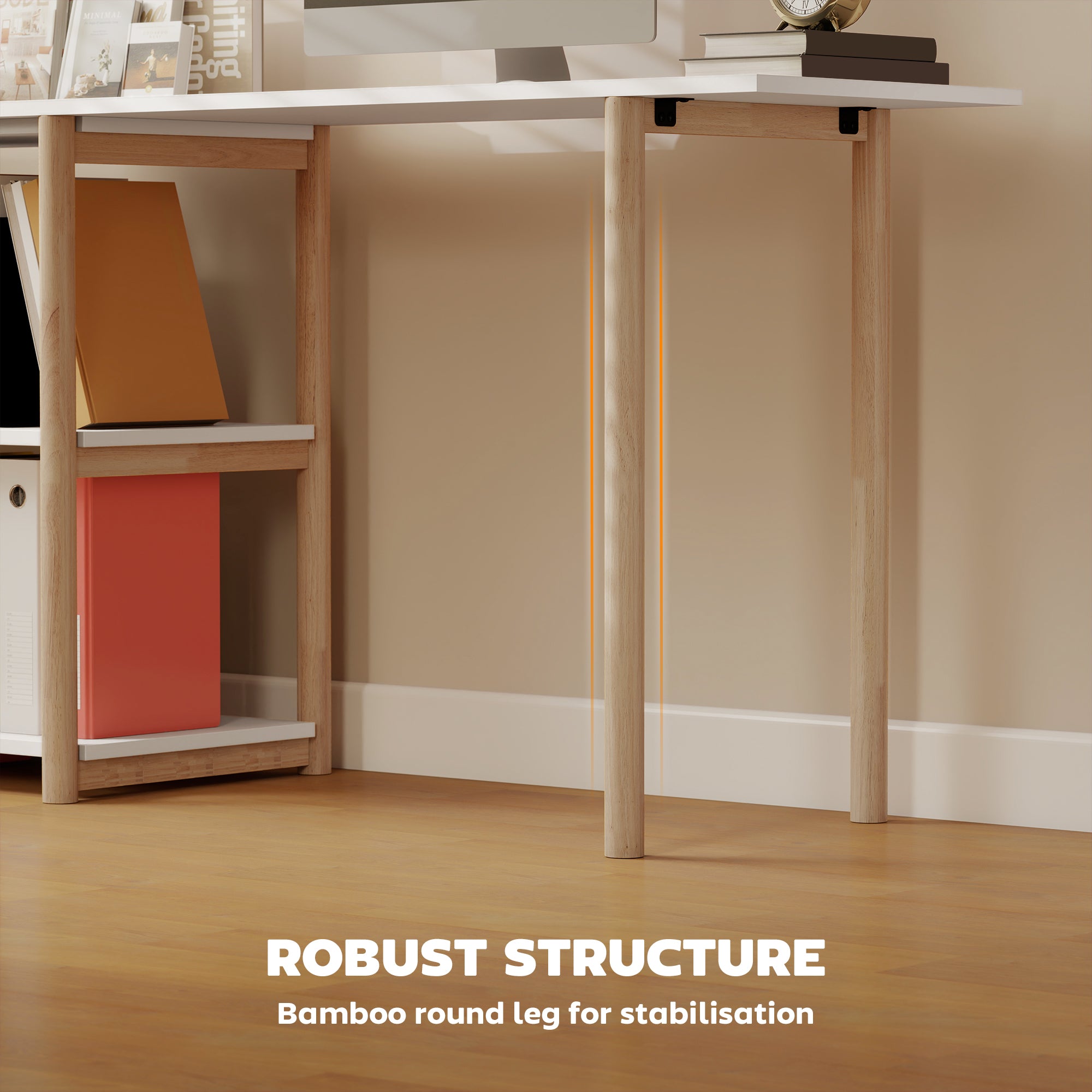 Computer Desk, Modern Writing Desk with Storage Shelves and Bamboo Frame, Easy Assembly Study Table for Home Office, Bedroom, 150 cm, White and Oak