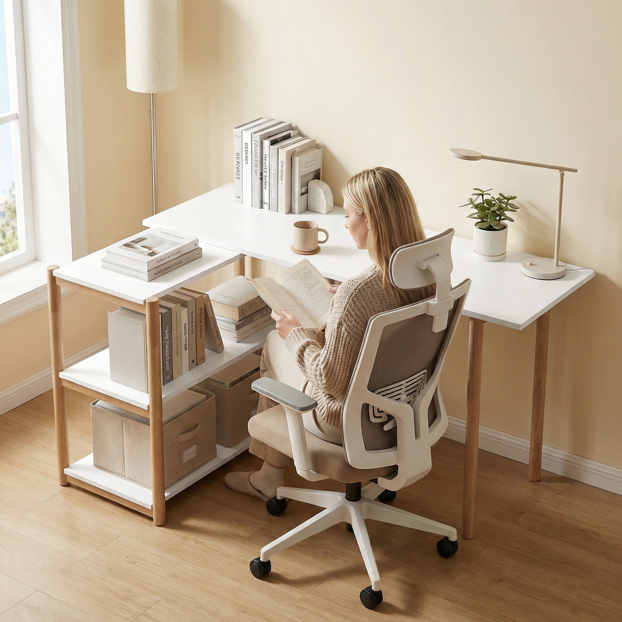 Computer Desk, Modern Writing Desk with Storage Shelves and Bamboo Frame, Easy Assembly Study Table for Home Office, Bedroom, 150 cm, White and Oak