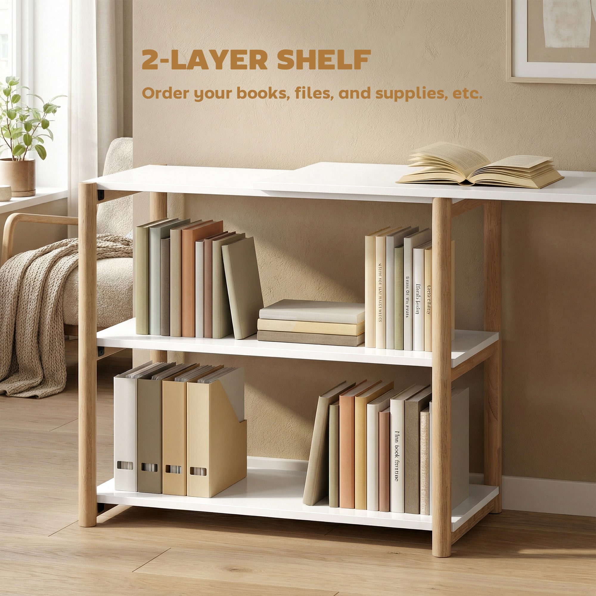 Computer Desk, Modern Writing Desk with Storage Shelves and Bamboo Frame, Easy Assembly Study Table for Home Office, Bedroom, 150 cm, White and Oak