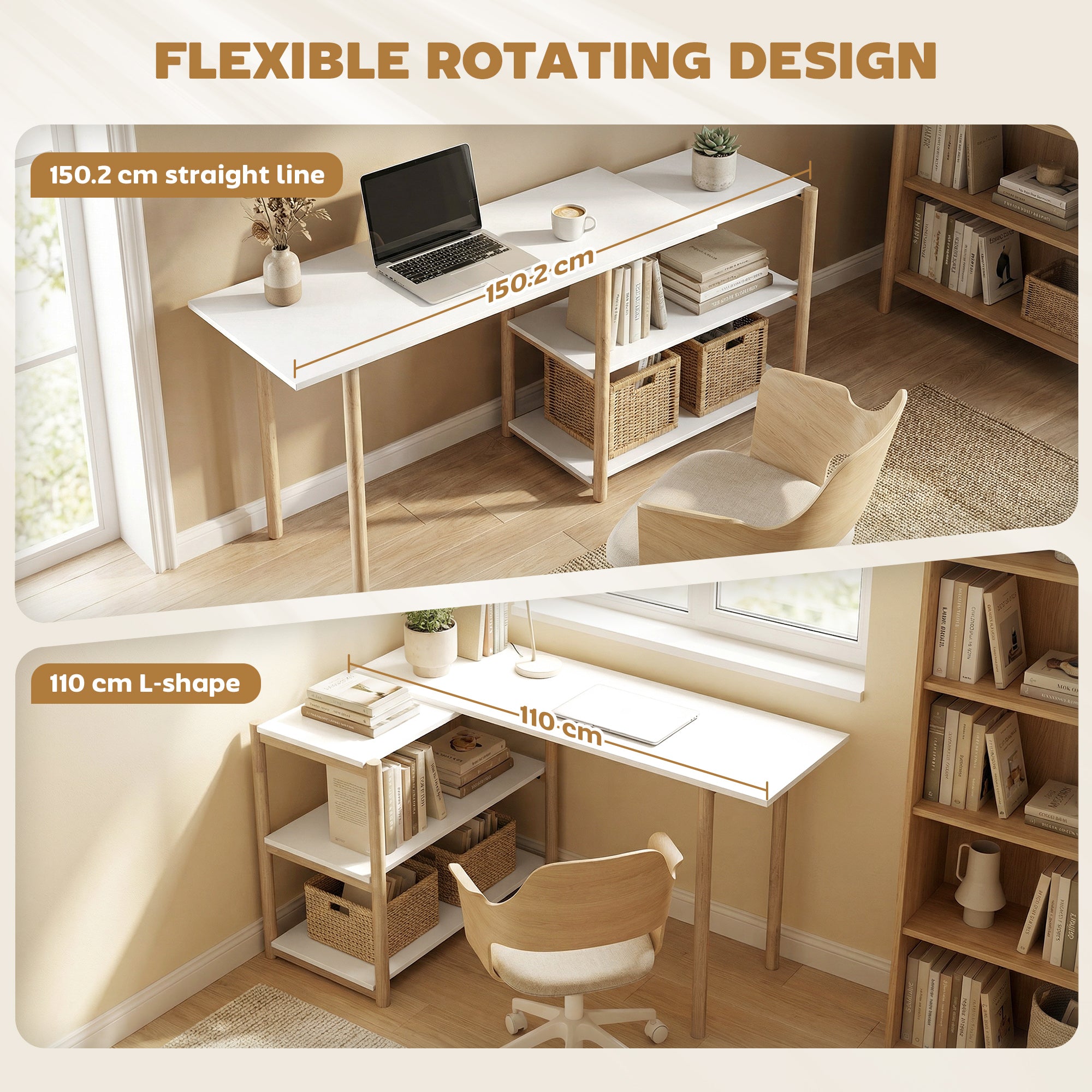 Computer Desk, Modern Writing Desk with Storage Shelves and Bamboo Frame, Easy Assembly Study Table for Home Office, Bedroom, 150 cm, White and Oak