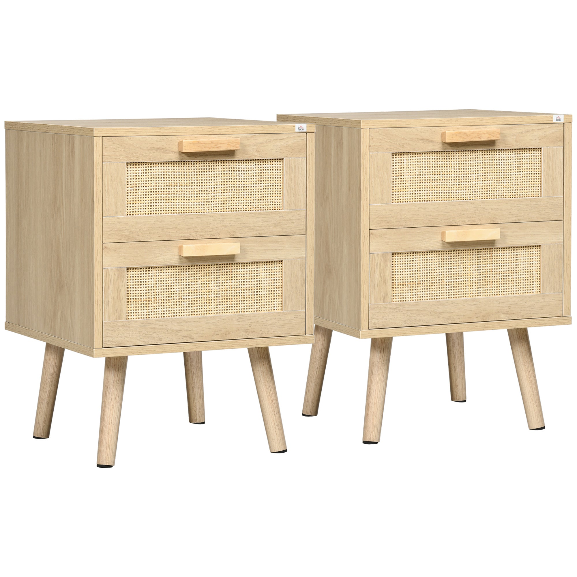 HOMCOM Boho Design Nightstand Set of 2, Side End Table with 2 Drawers, for Bedroom, Natural Wood Effect