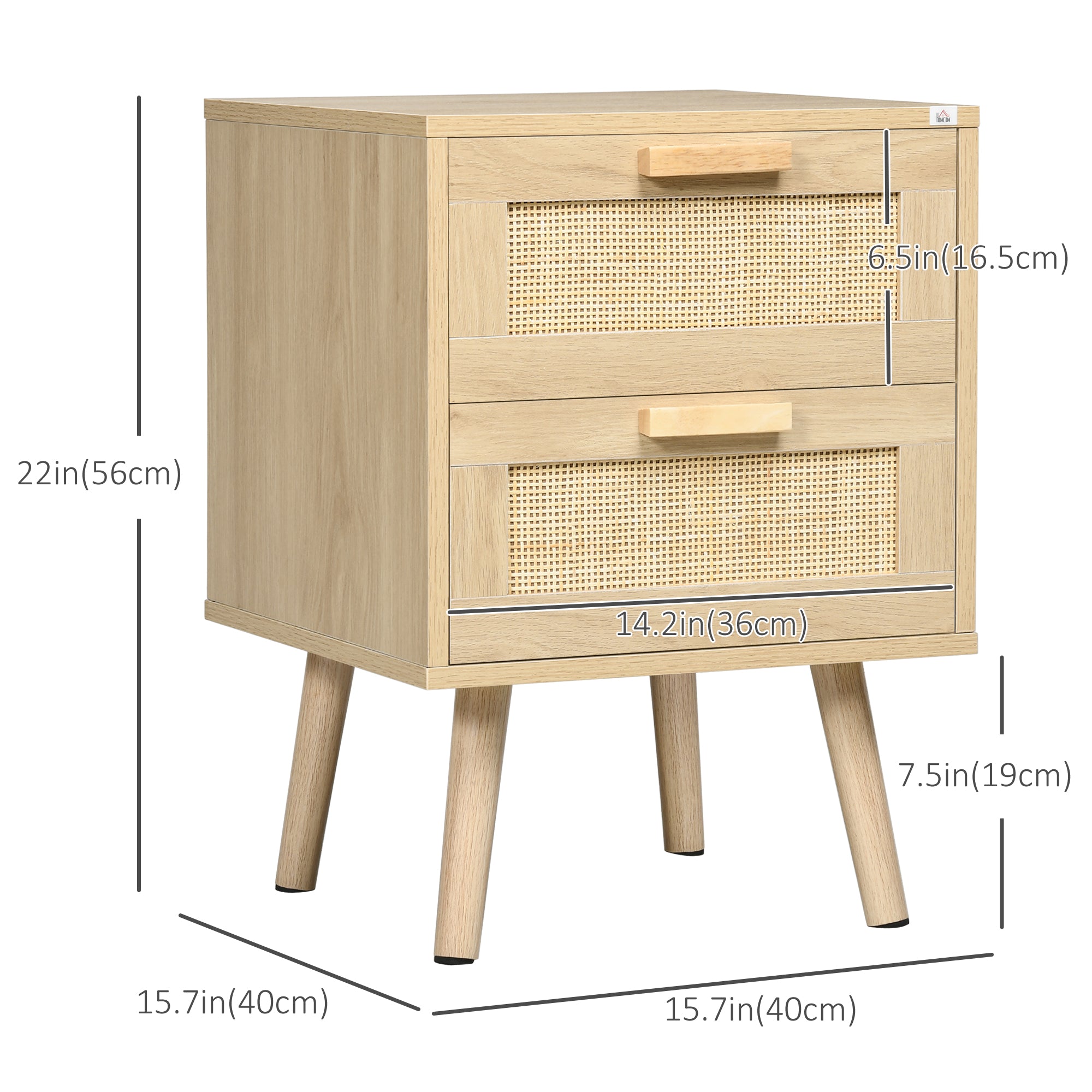 HOMCOM Boho Design Nightstand Set of 2, Side End Table with 2 Drawers, for Bedroom, Natural Wood Effect