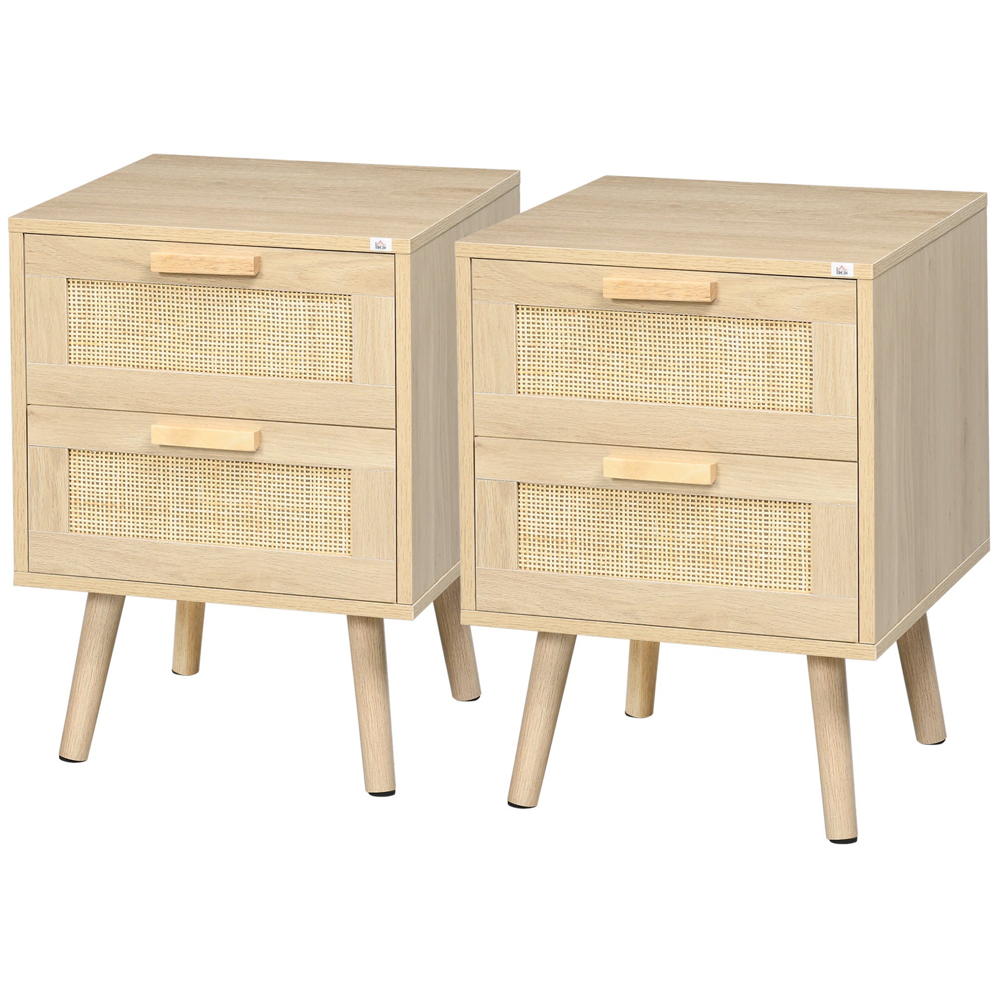 HOMCOM Boho Design Nightstand Set of 2, Side End Table with 2 Drawers, for Bedroom, Natural Wood Effect