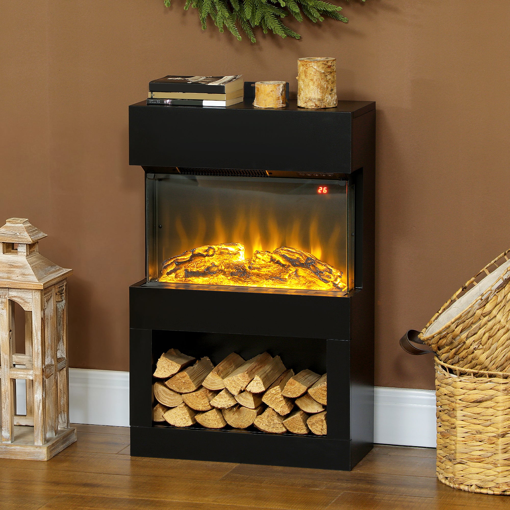 19" Electric Fireplace with Surround, 3D Flame Effect, 6 Colours & 3 Brightness Levels, 1000W/2000W Black Electric Fire and Mantel Reach up to 30㎡ Space with Remote & Timer, 3 Sided View