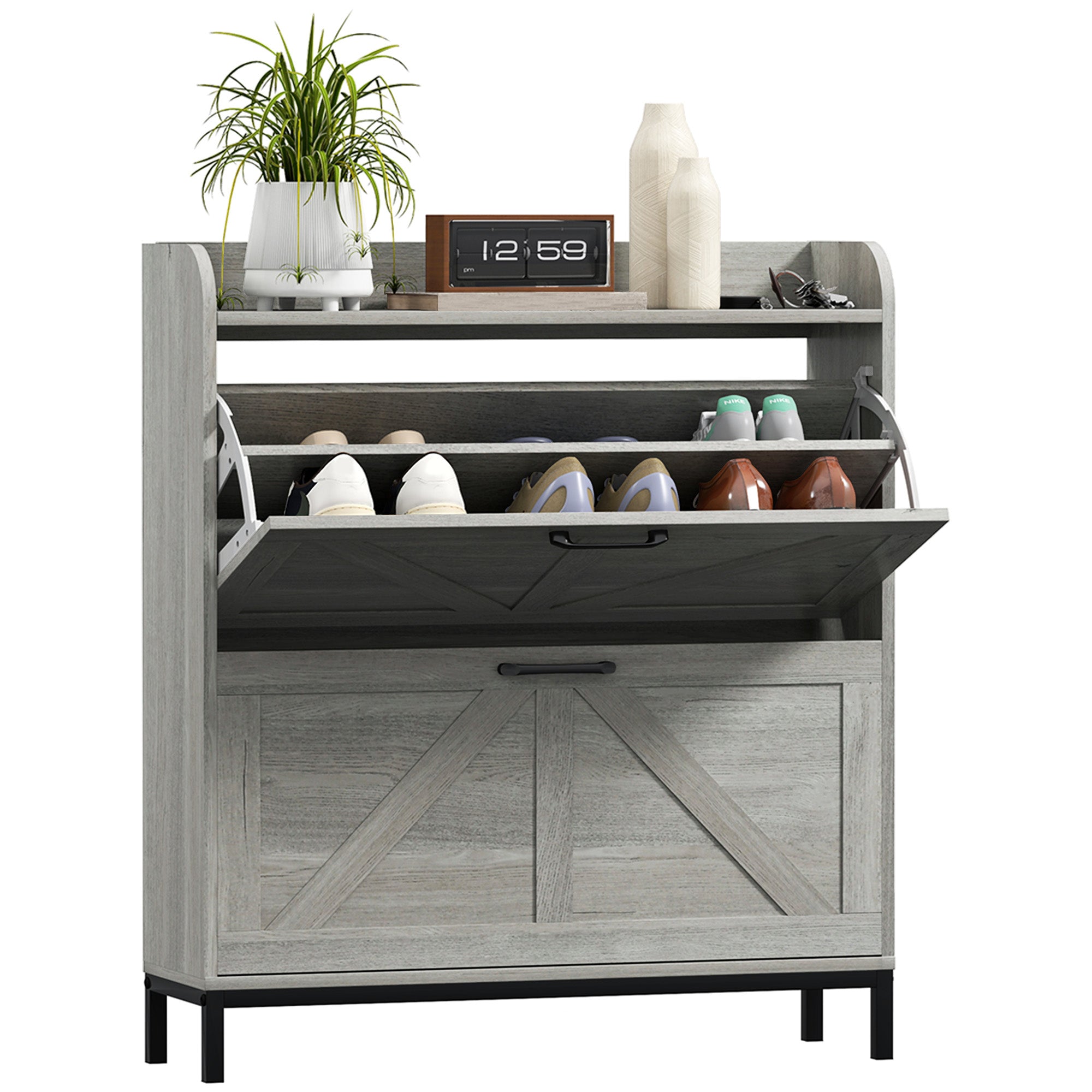 Narrow Shoe Cabinet Organizer w/ Flip Drawers, Light Gray Wood