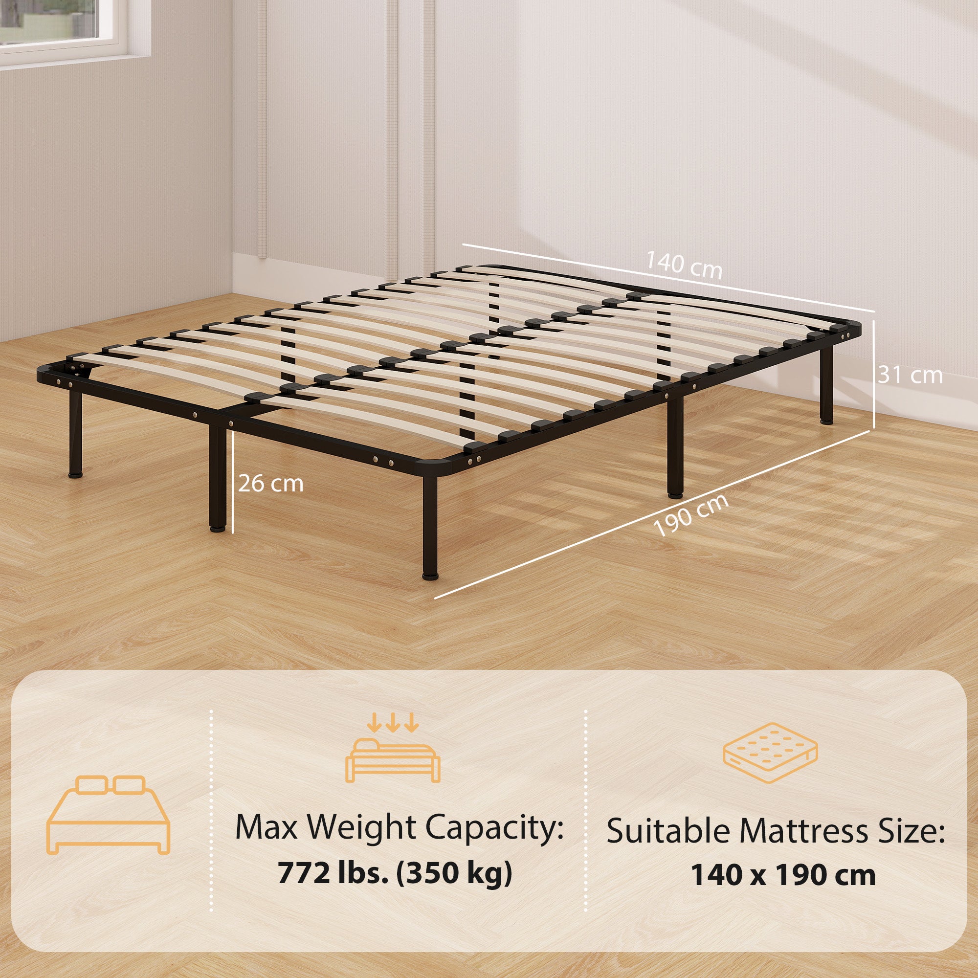 4ft6 Double Bed Frame, Metal Platform Bed Frame with 2 x 14 Wood Slats, No Box Spring Needed, Underbed Storage, Easy to Assemble, Black