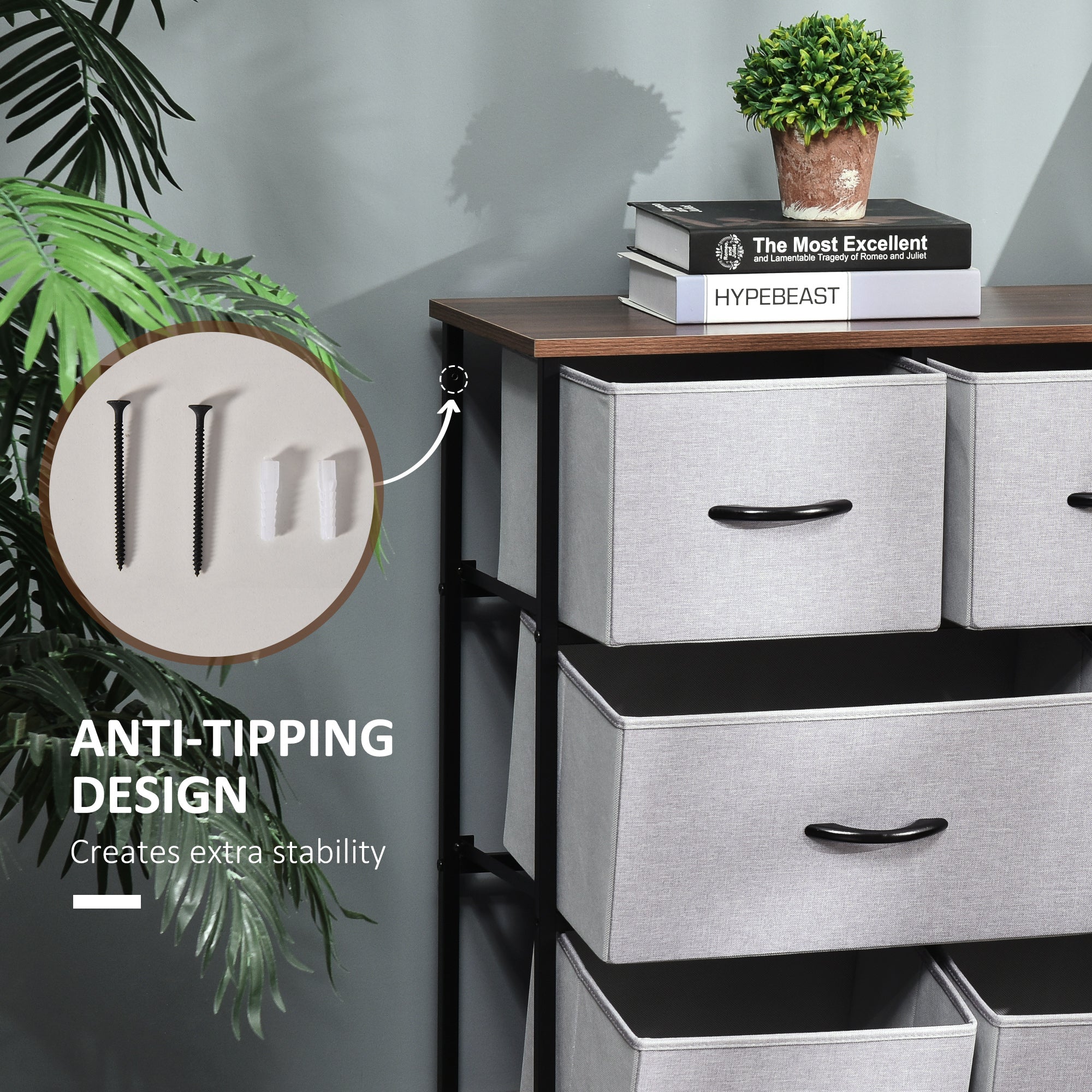 HOMCOM Dresser for Bedroom with 8 Drawers, 3-Tier Fabric Chest of Drawers, Tall Dresser Storage Tower with Steel Frame and Wooden Top for Closets, Nursery Room, Grey
