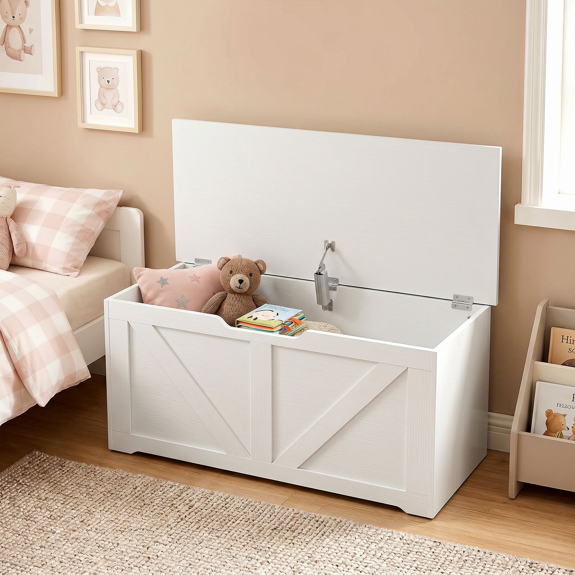 100L Storage Chest, Shoe Storage Trunk Bench Box with Safety Hinge and U-shaped Cut-out Pull, Blanket Box Ottoman for Bedroom, Living Room, Entryway, 80 x 40 x 45 cm, White Wood-Effect