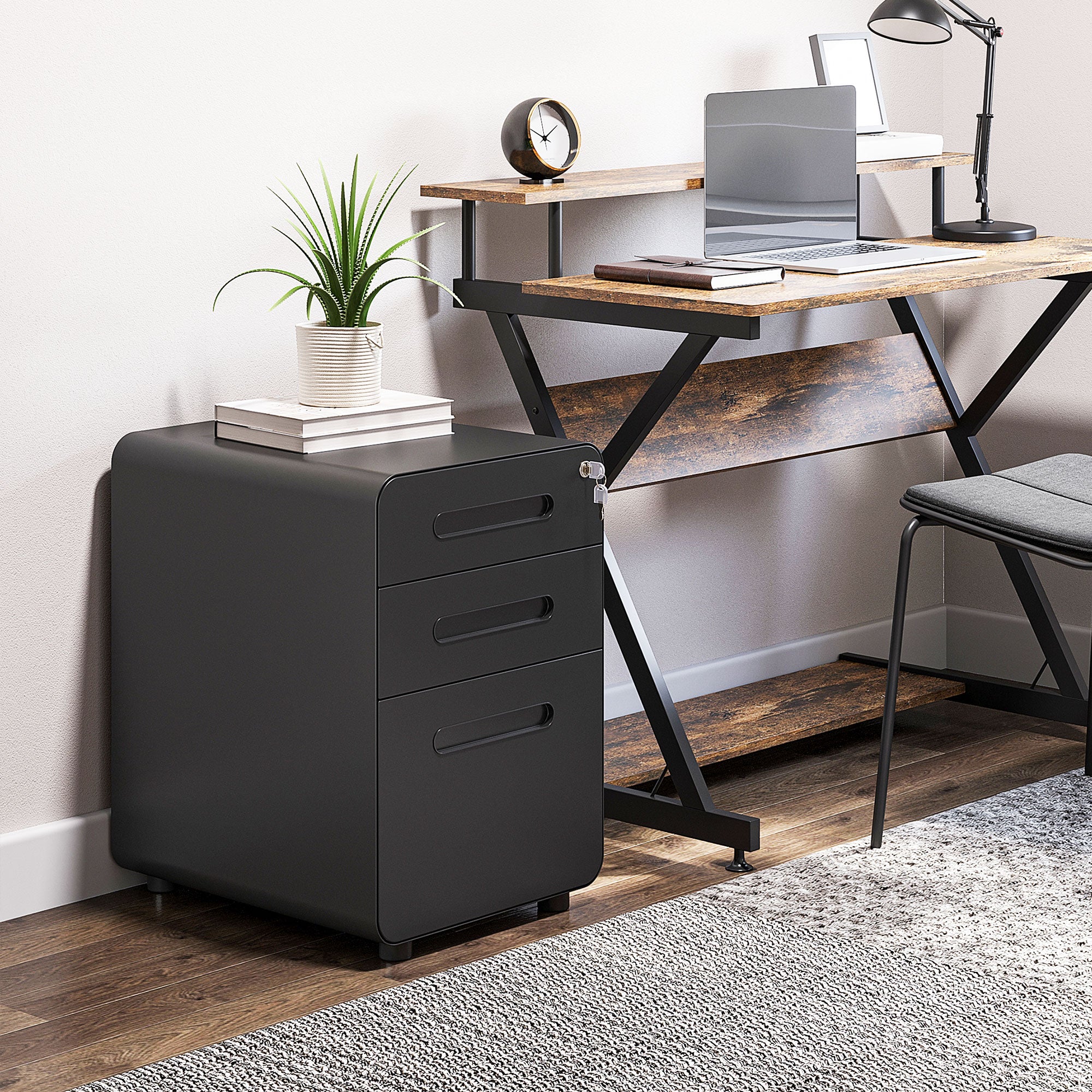 Vinsetto Lockable File Cabinet with 3 Drawers, Vertical Office Drawer for A4, Letter, Legal Size, Anti-tilt Design, Pre-Assembled Body, Black