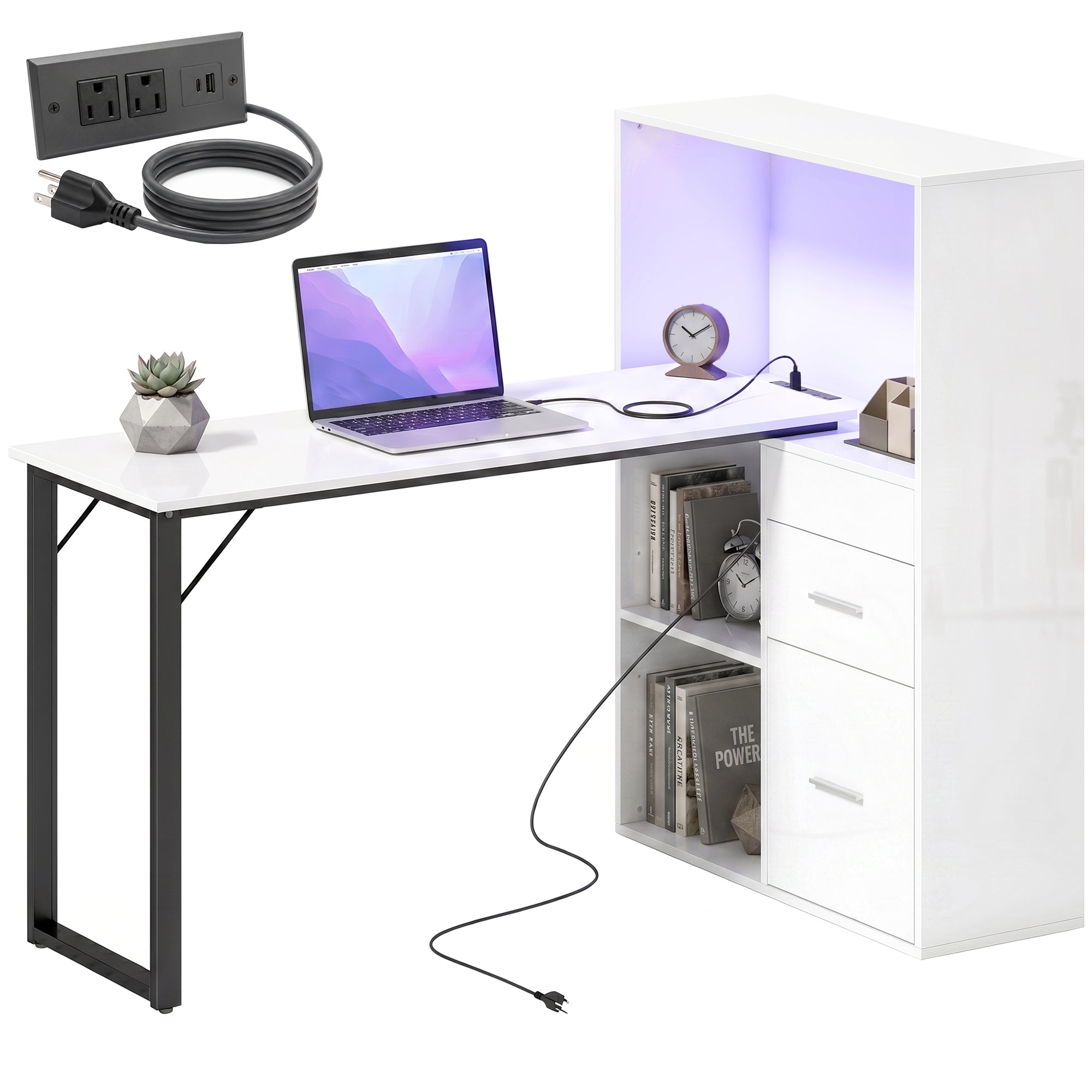 54" Computer Desk with Drawers, Home Office Desk with Power Outlets and LED Lights, Writing Table with File Drawer and Open Shelves for Bedroom, White