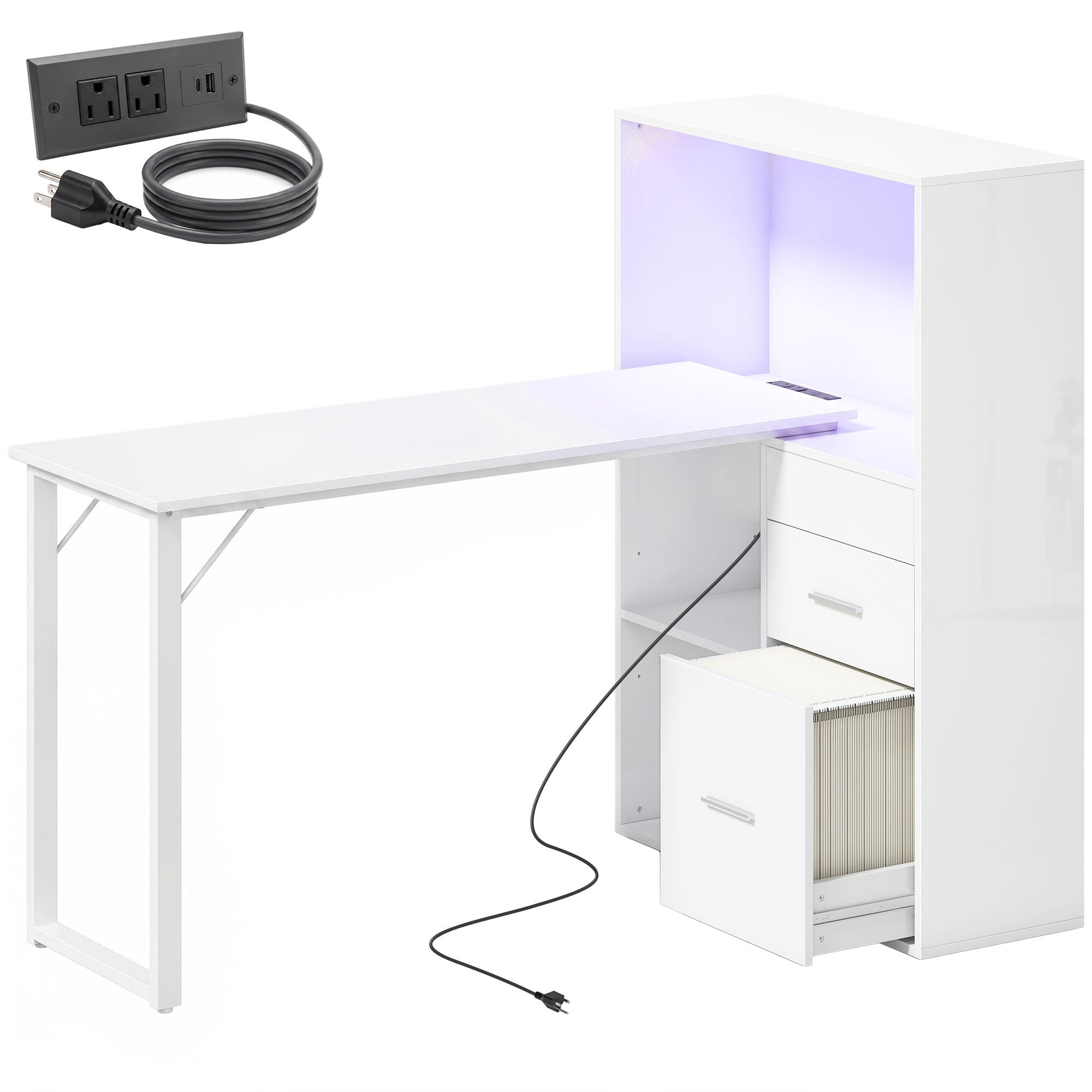 54" Computer Desk with Drawers, Home Office Desk with Power Outlets and LED Lights, Writing Table with File Drawer and Open Shelves for Bedroom, White