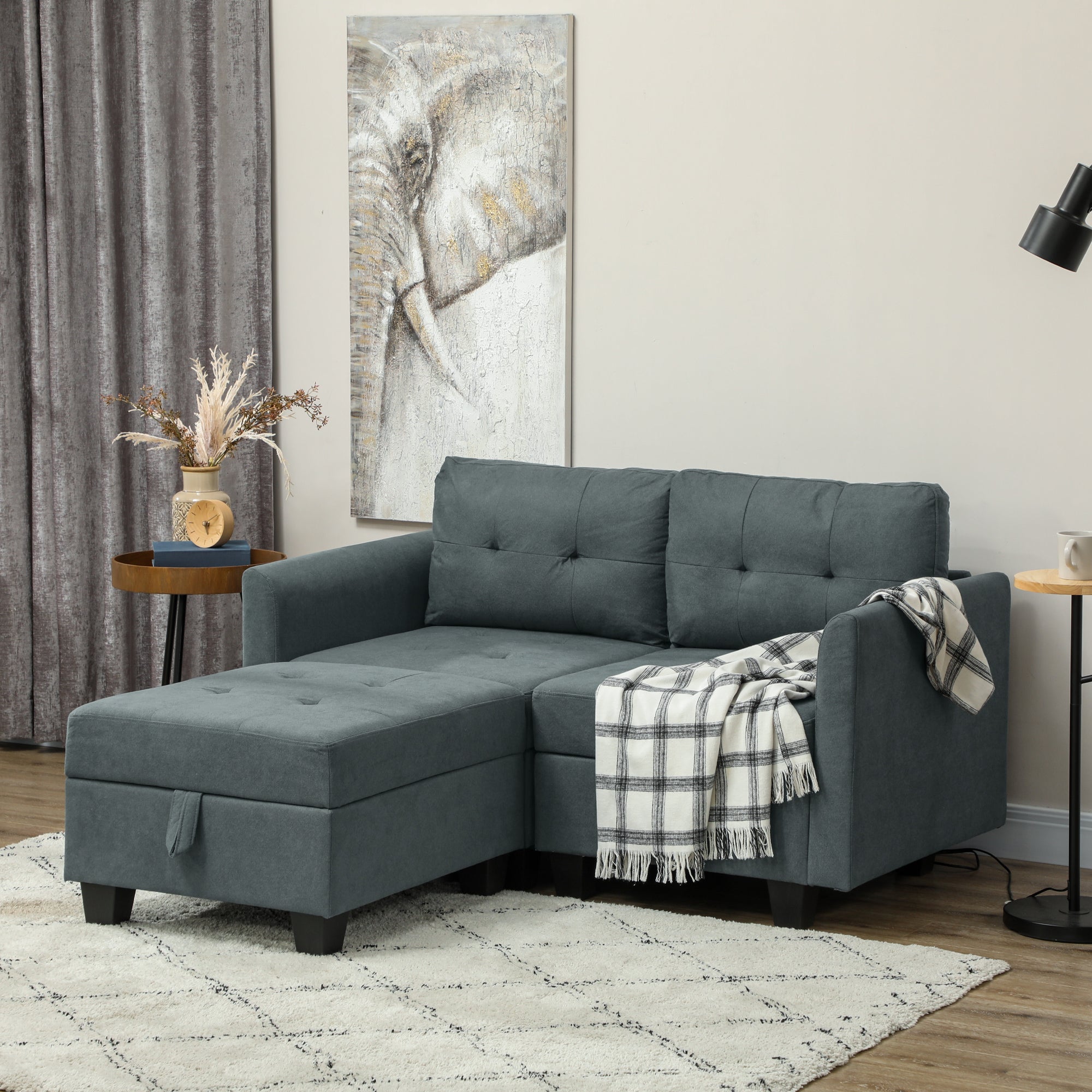 HOMCOM Convertible Modular Sectional Sofa with Storage, Tufted 2 Seater Sofa Set, L Shaped Sofa Couch with Ottoman, Wood Frame for Living Room, Dark Grey