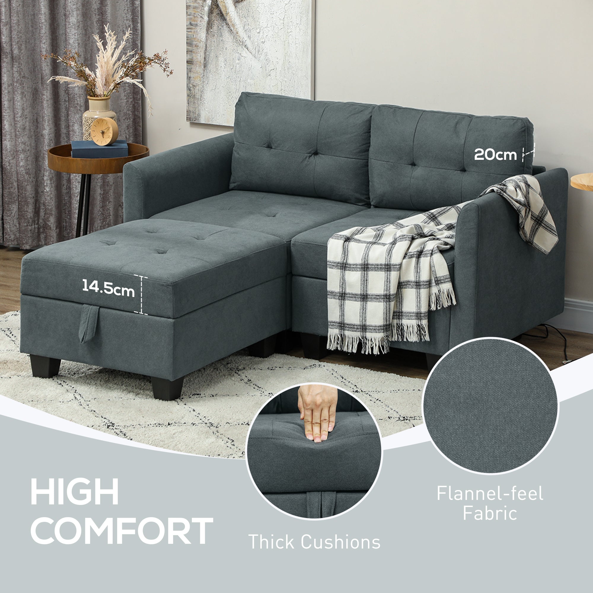 HOMCOM Convertible Modular Sectional Sofa with Storage, Tufted 2 Seater Sofa Set, L Shaped Sofa Couch with Ottoman, Wood Frame for Living Room, Dark Grey