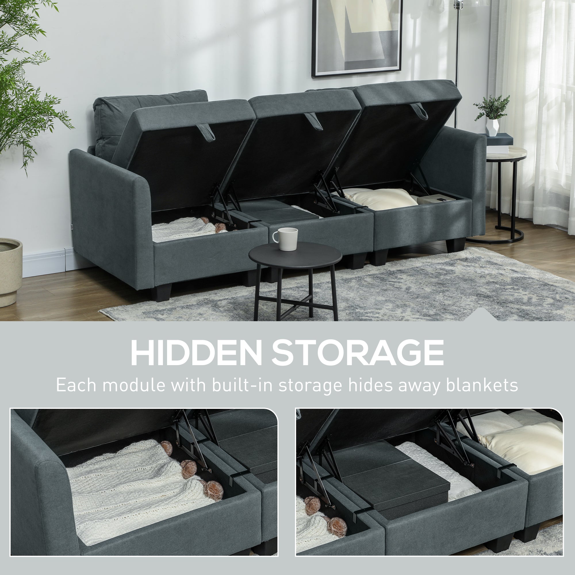 HOMCOM Convertible Modular Sectional Sofa with Storage, Tufted 2 Seater Sofa Set, L Shaped Sofa Couch with Ottoman, Wood Frame for Living Room, Dark Grey
