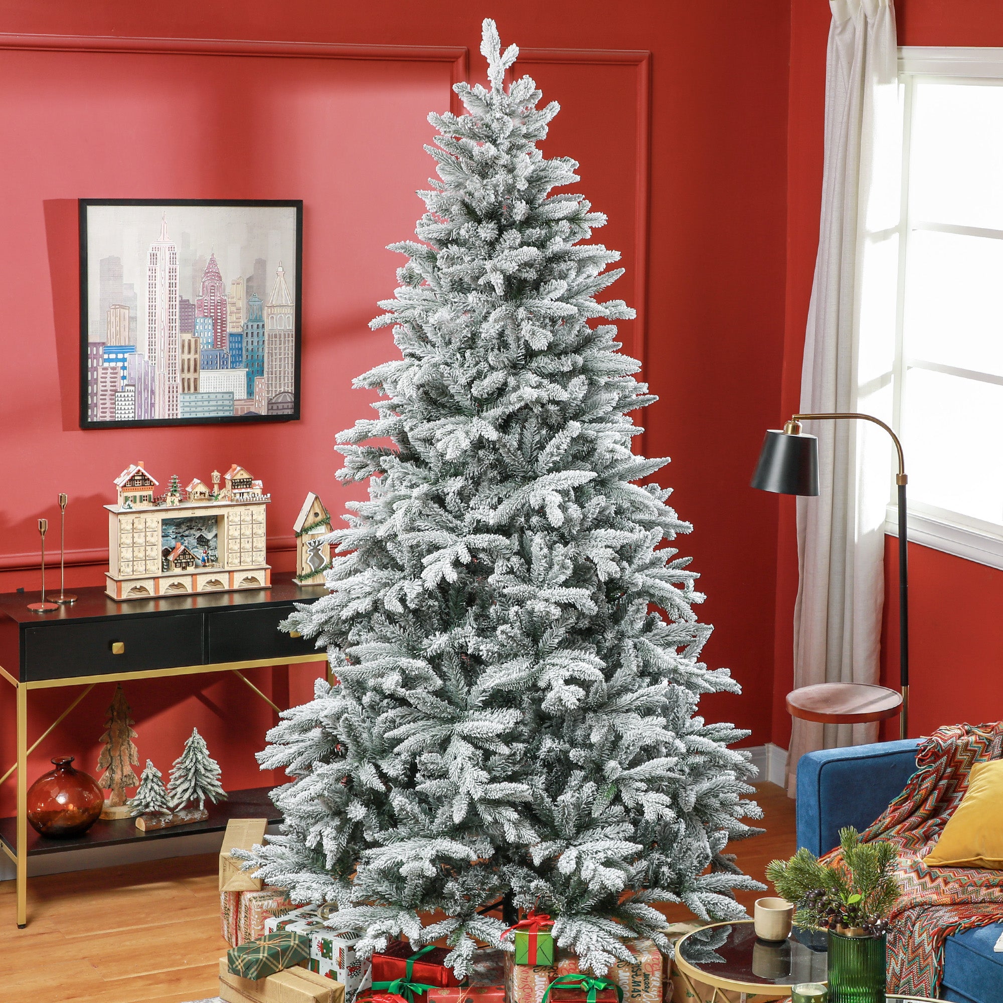 8 Foot Snow Flocked Artificial Christmas Tree, Easy Assembly