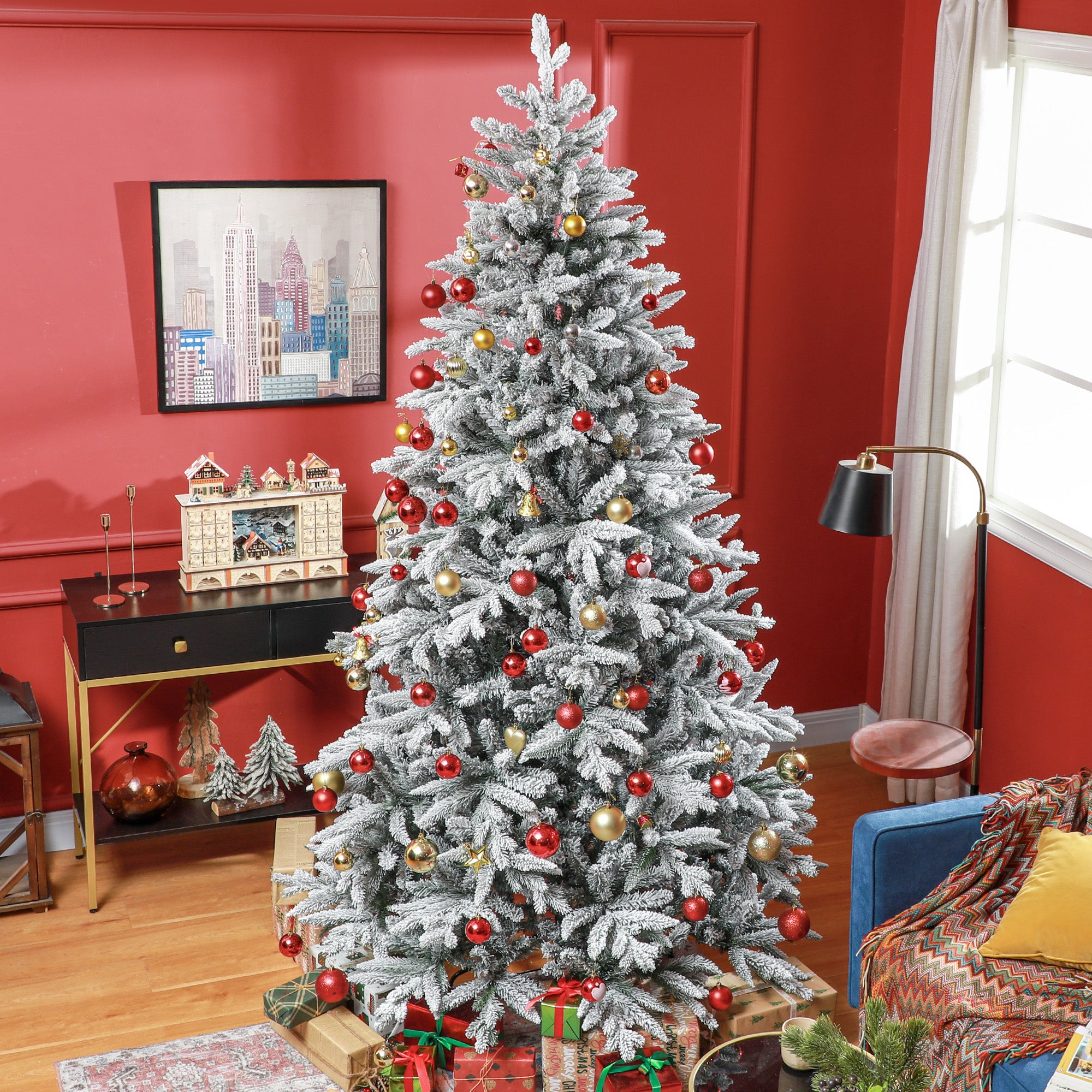 8 Foot Snow Flocked Artificial Christmas Tree, Easy Assembly