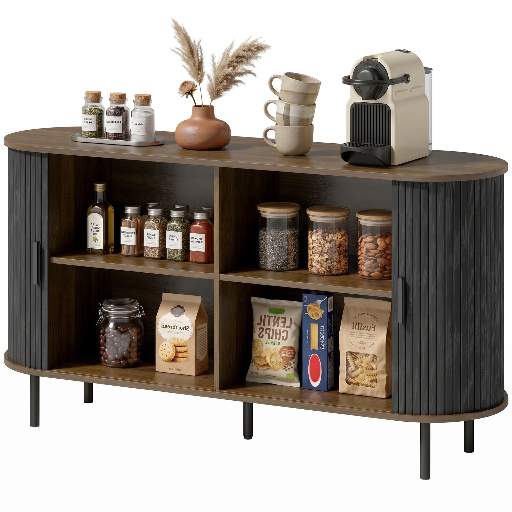 Fluted Sideboard Buffet Cabinet, 55" Mid Century Coffee Bar Cabinet with Sliding Doors, Kitchen Credenza with Adjustable Shelves, Black Wood Grain