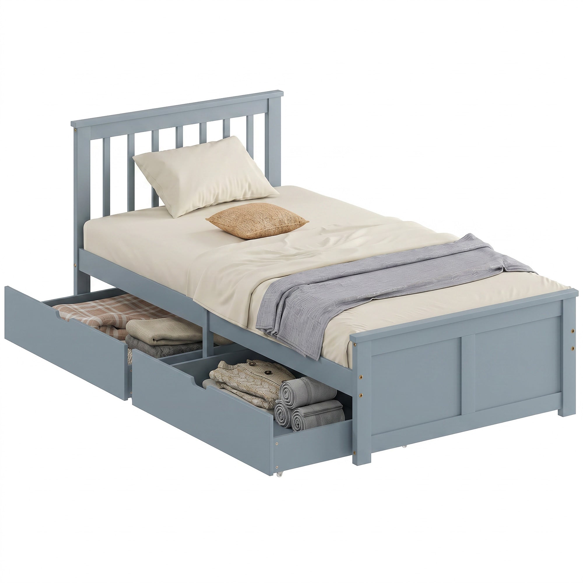 3ft Single Solid Wooden Bed Frame, Pine Storage Bed with Drawers, Headboard, Wood Slat Support, No Box Spring Needed, Easy Assembly, 90 x 190 cm, Grey