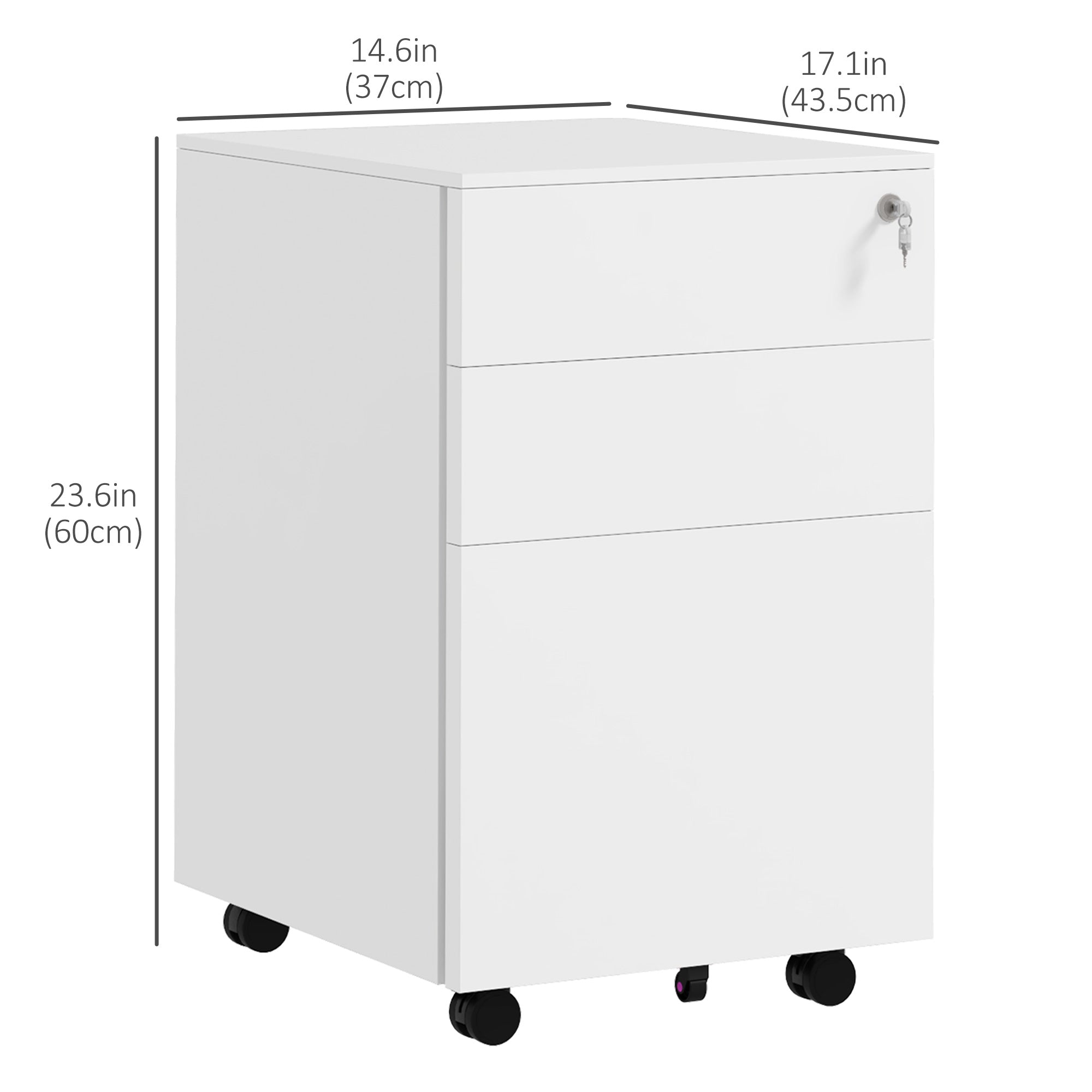 Vinsetto Vertical Steel Filing Cabinet on Wheels, 3-Drawer Lockable File Cabinet with Adjustable Hanging Bar for A4, Legal and Letter Size, White