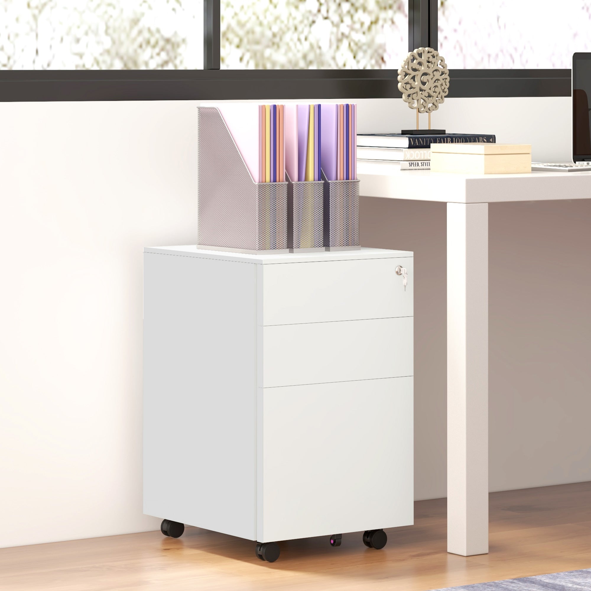 Vinsetto 3-Drawer Vertical Filing Cabinet with Pencil Tray, Lock and 5 Wheels, Steel Mobile File Cabinet, for A4, Legal and Letter Size, Pre-Assembled Body, White
