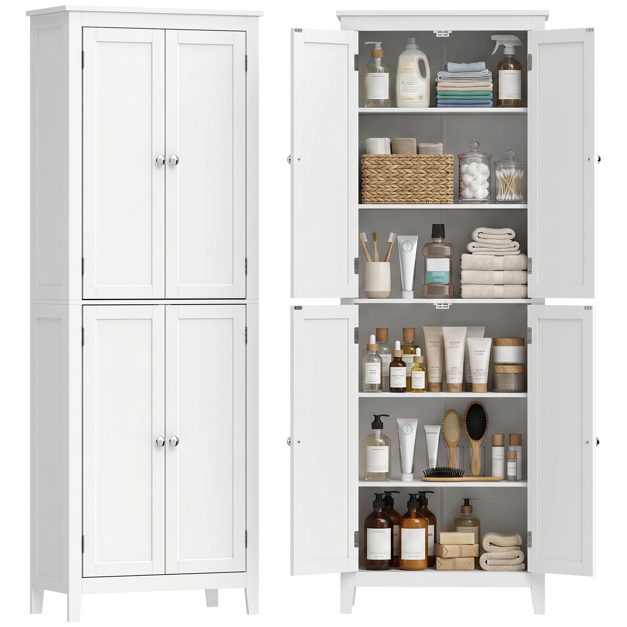 170 cm Tall Bathroom Storage Cabinet, Freestanding Narrow Bathroom Cabinet with Adjustable Shelves for Laundry Room, Living Room, Entryway, Kitchen, White