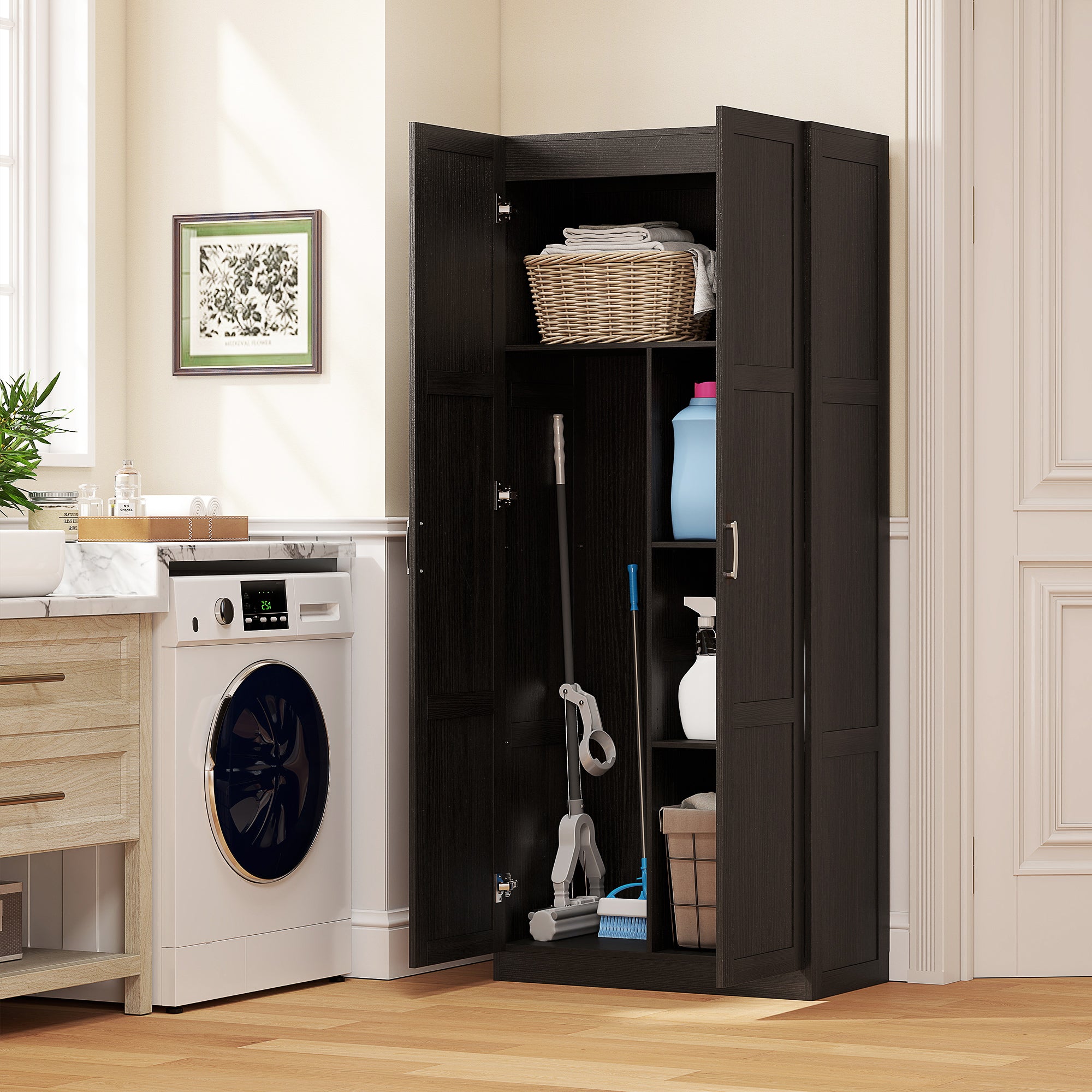71" Tall Kitchen Pantry Cabinet with Soft-Close Hinges, Modern Farmhouse Freestanding Pantry Storage Cabinet with 2 Framed Doors, 4 Adjustable Shelves, Dark Brown