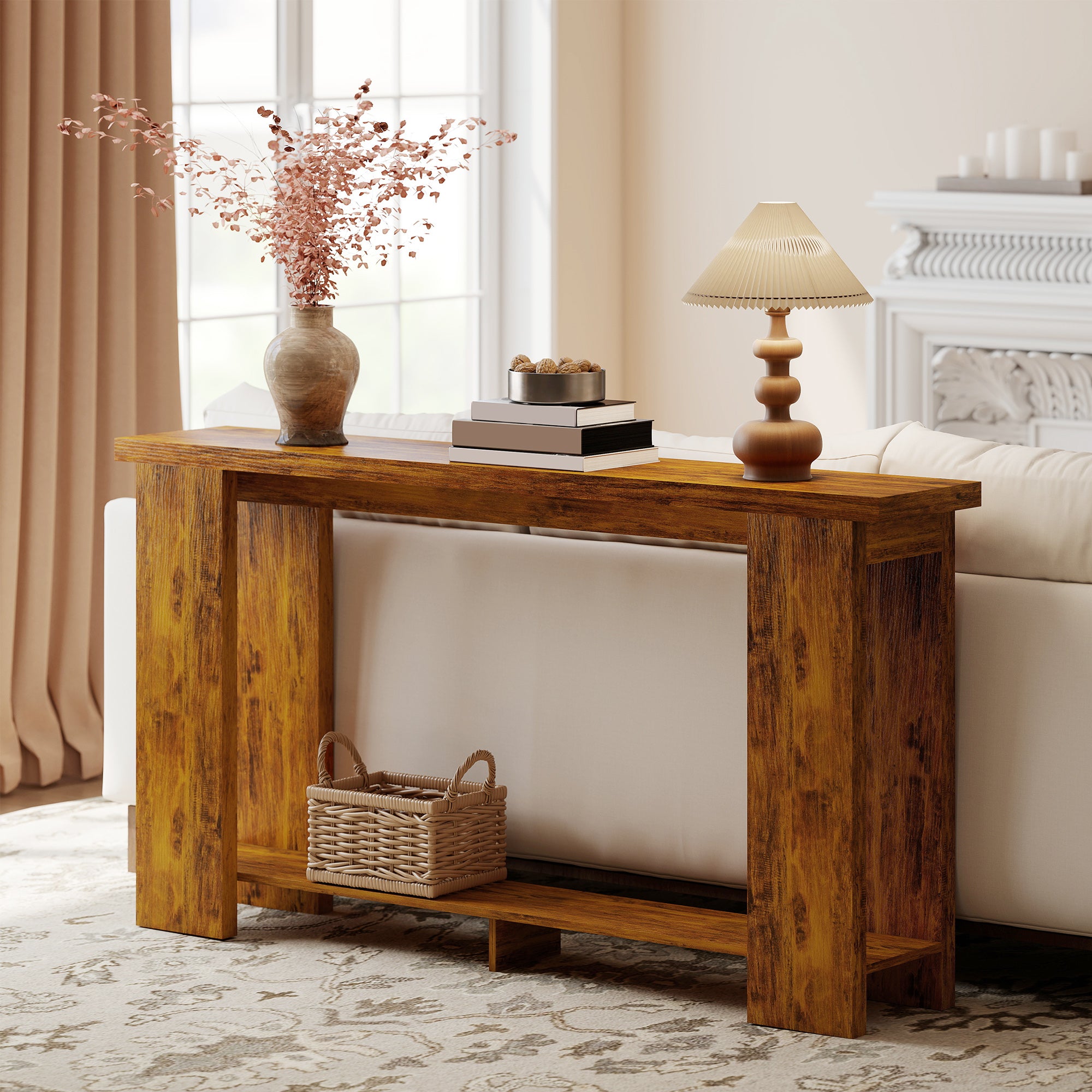 Farmhouse Console Table, 63" Narrow Entryway Table with Storage Shelf and Thickened Tabletop for Living Room, Hallway, Entrance, Distressed Brown