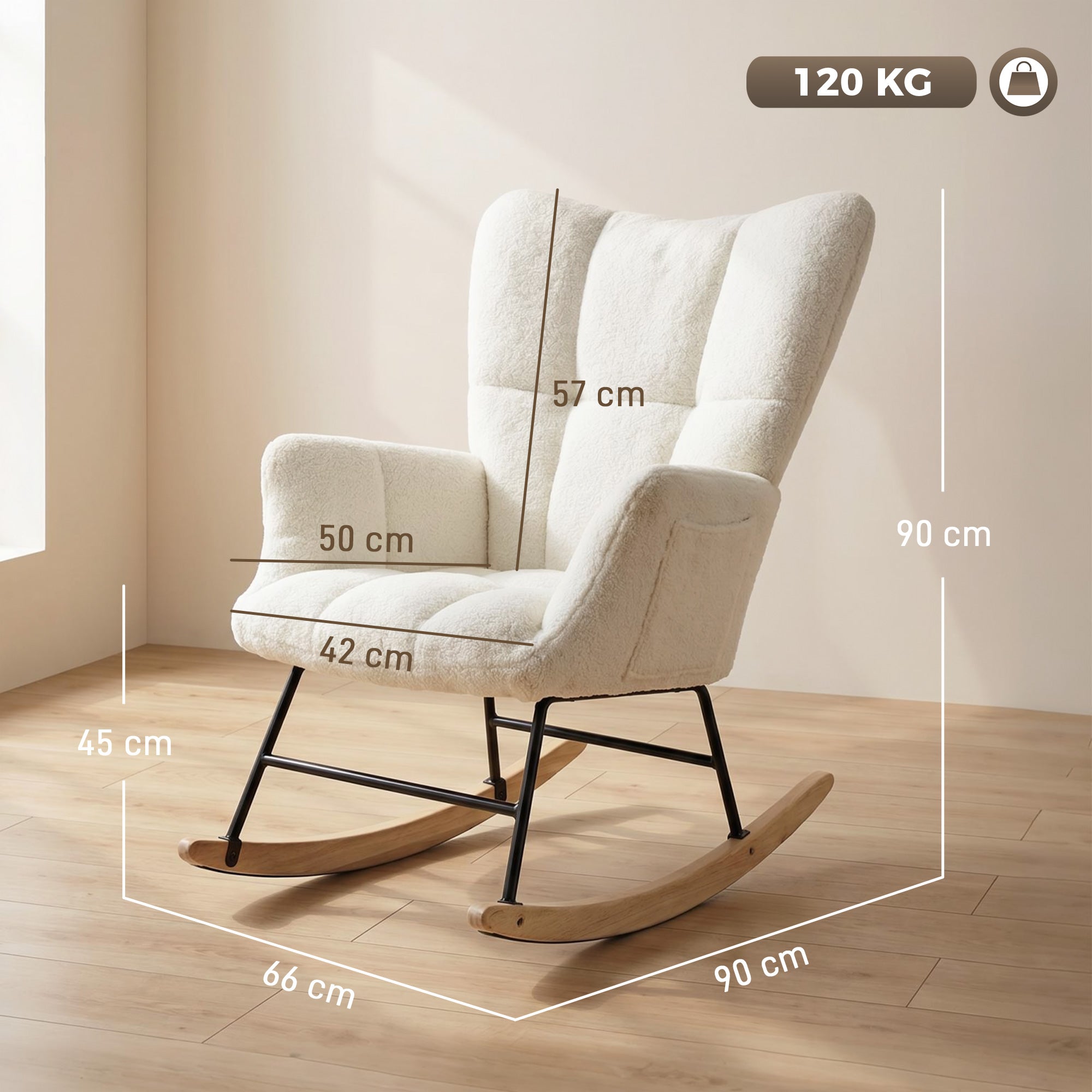 Rocking Chair with Side Pockets, Wingback Tufted Rocker Chair with Teddy Fleece Upholstered, Rubber Wood Legs for Living Room, Bedroom, Cream White