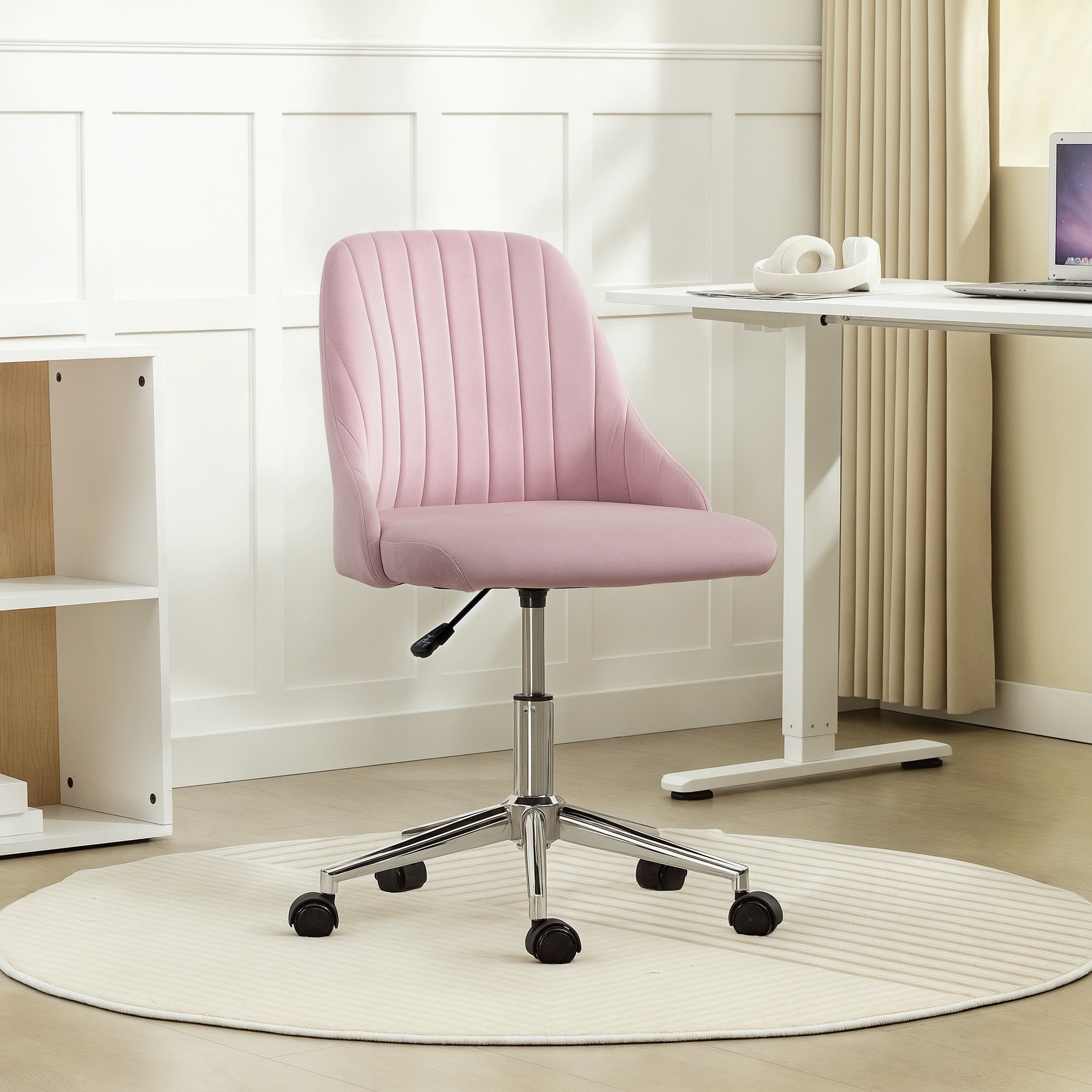 Vanity Chair for Makeup, Velvet Comfy Office Chair with Adjustable Height, Swivel Wheels for Bedroom, Living Room, Pink