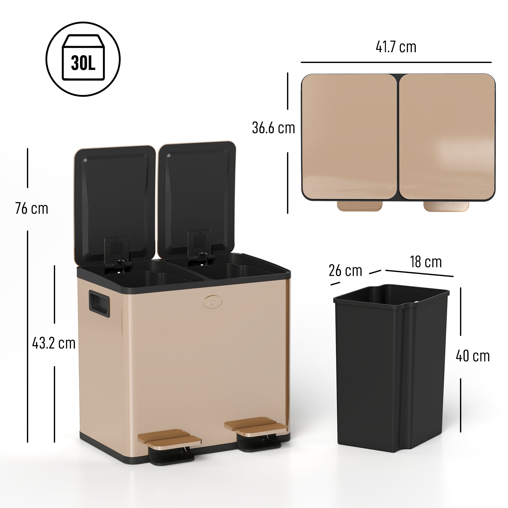 Dual Kitchen Bin, 2 x 15L Stainless Steel Double Rubbish Bin with Soft Close Lid, Removable Inner Buckets, Fingerprint-Proof for Recycling and Waste, Gold Tone