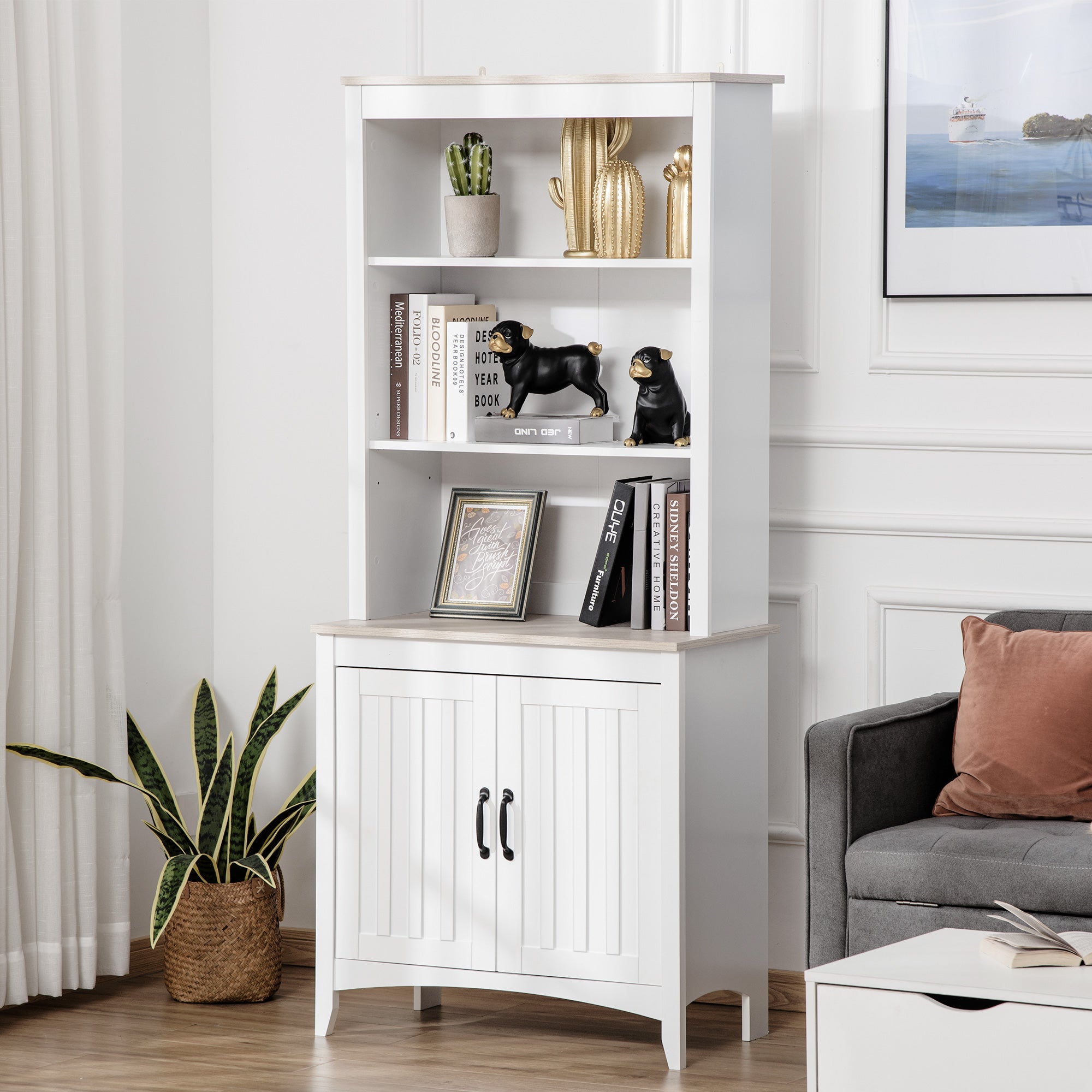 63.5" Kitchen Buffet with Hutch Pantry Storage Cabinet Grey