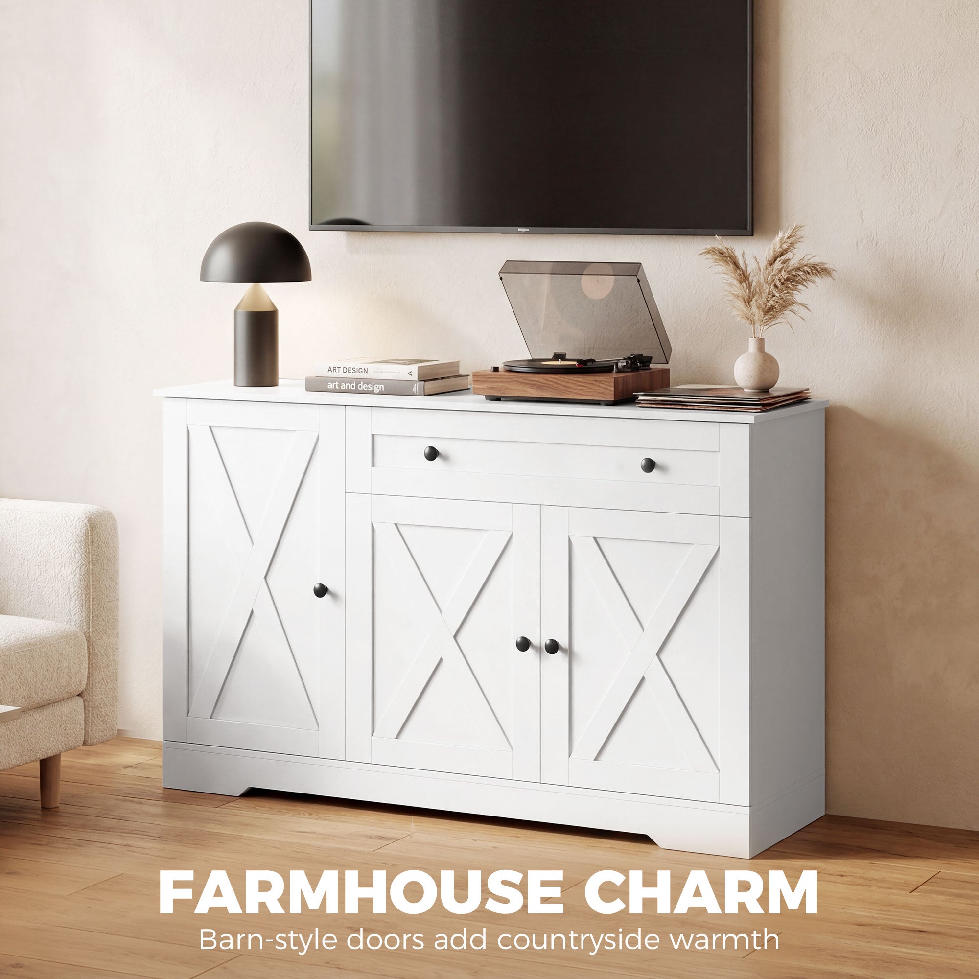 Farmhouse Sideboard Buffet Cabinet with Storage, 47" Coffee Bar Cabinet with 3 Door Shelves, Drawer, Adjustable Shelves and 3 Barn Doors, White