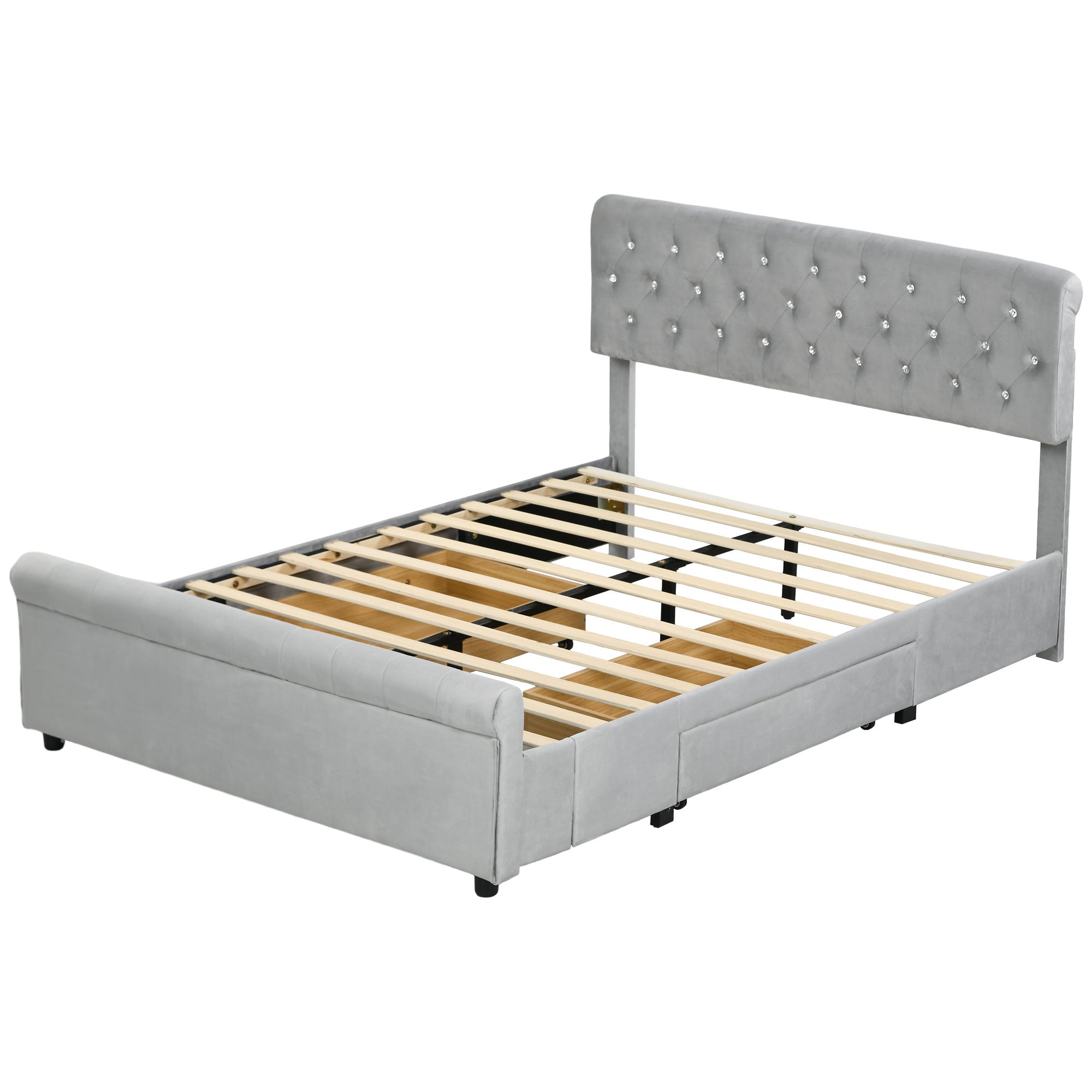 HOMCOM Full Size Platform Bed Frame with 2 Drawers, Upholstered Headboard with Crystal Tufted Design, Wooden Slats Mattress Foundation, No Box Spring Needed, Light Grey