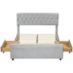 HOMCOM Full Size Platform Bed Frame with 2 Drawers, Upholstered Headboard with Crystal Tufted Design, Wooden Slats Mattress Foundation, No Box Spring Needed, Light Grey