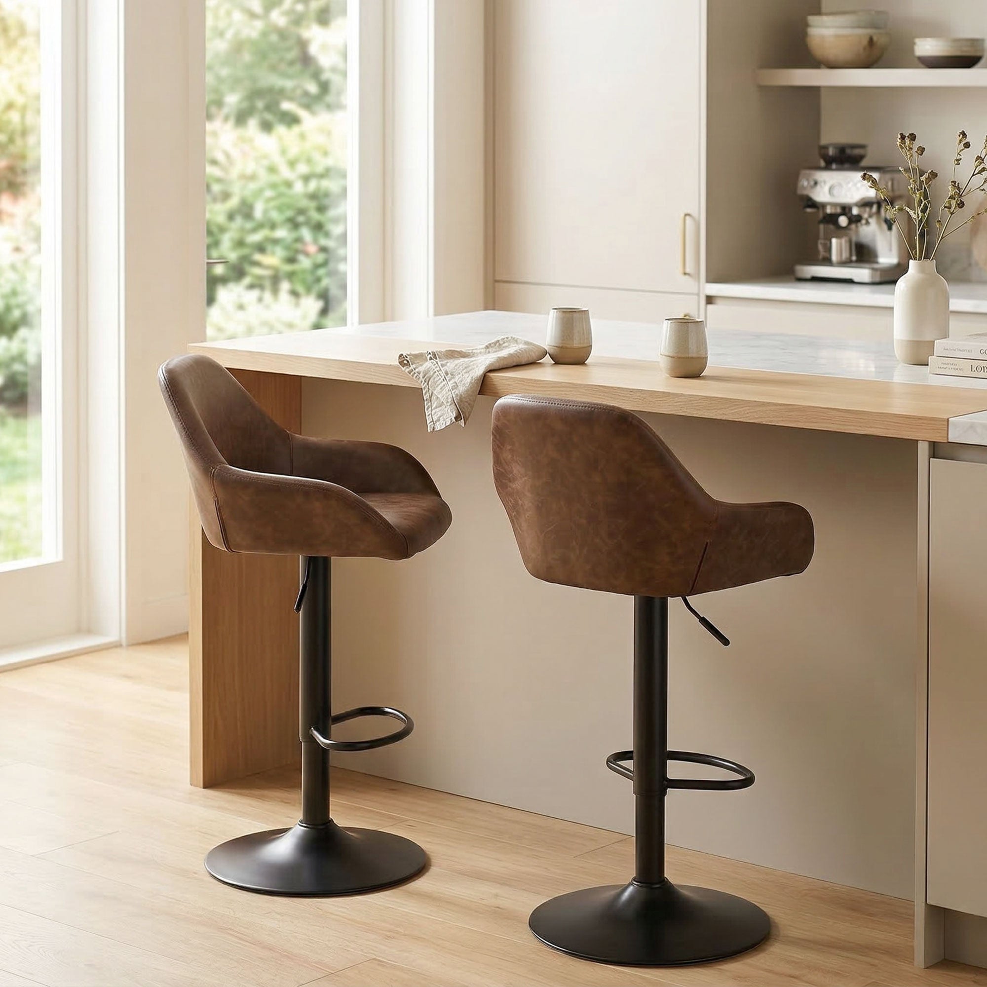 Adjustable Bar Stools Set of 2, Swivel Dining Chairs with Footrest and Back, Modern PU Leather and Steel Round Base, for Kitchen Counter and Dining Room, Coffee