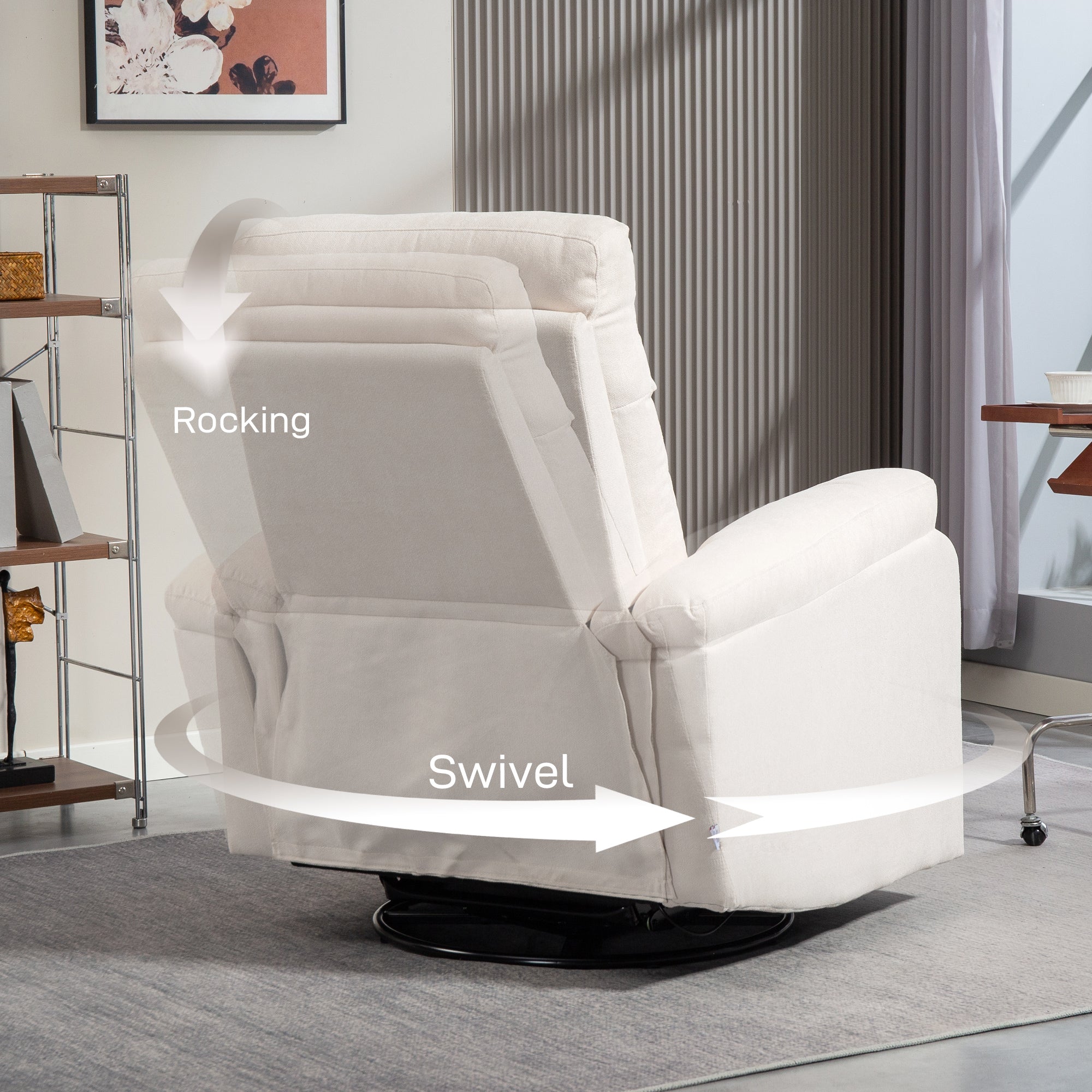 HOMCOM Swivel Rocker Recliner Chair, Wide Rocking Single Sofa with Pocket Spring, Footrest, Modern Fabric Overstuffed Reclining Chair for Living Room, Bedroom, Quick Assembly, Cream White