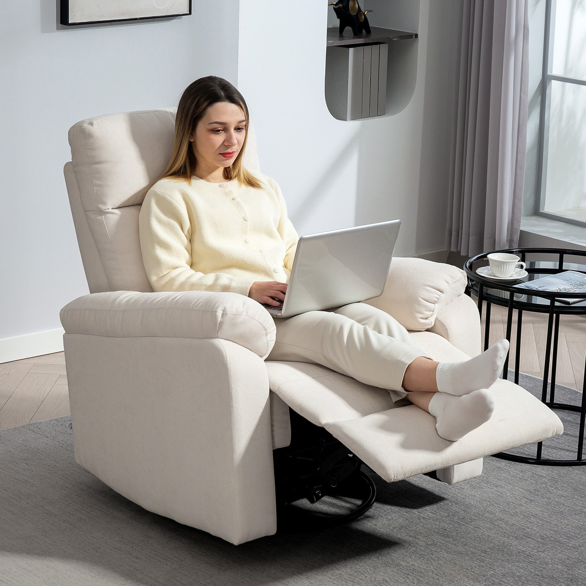 HOMCOM Swivel Rocker Recliner Chair, Wide Rocking Single Sofa with Pocket Spring, Footrest, Modern Fabric Overstuffed Reclining Chair for Living Room, Bedroom, Quick Assembly, Cream White