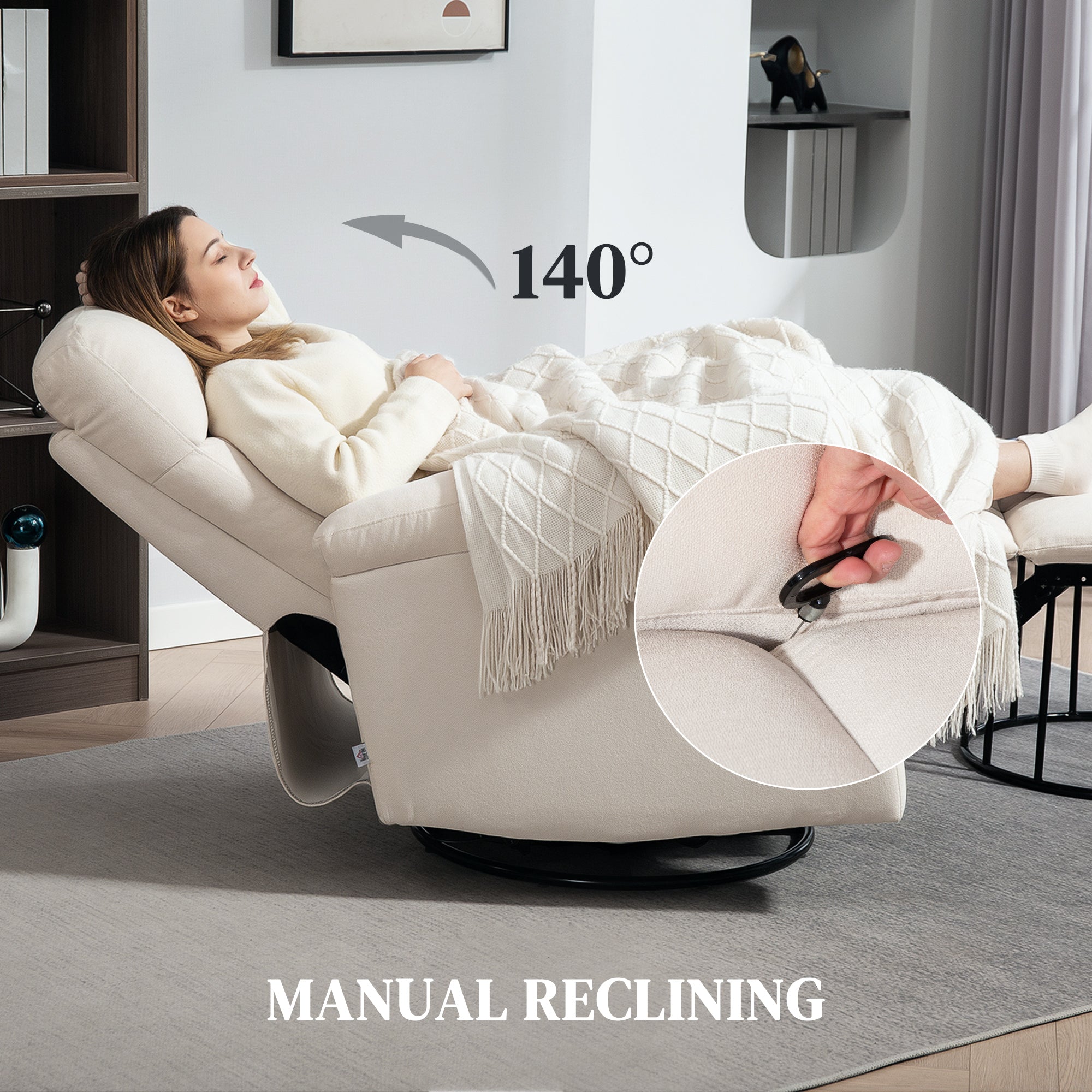 HOMCOM Swivel Rocker Recliner Chair, Wide Rocking Single Sofa with Pocket Spring, Footrest, Modern Fabric Overstuffed Reclining Chair for Living Room, Bedroom, Quick Assembly, Cream White