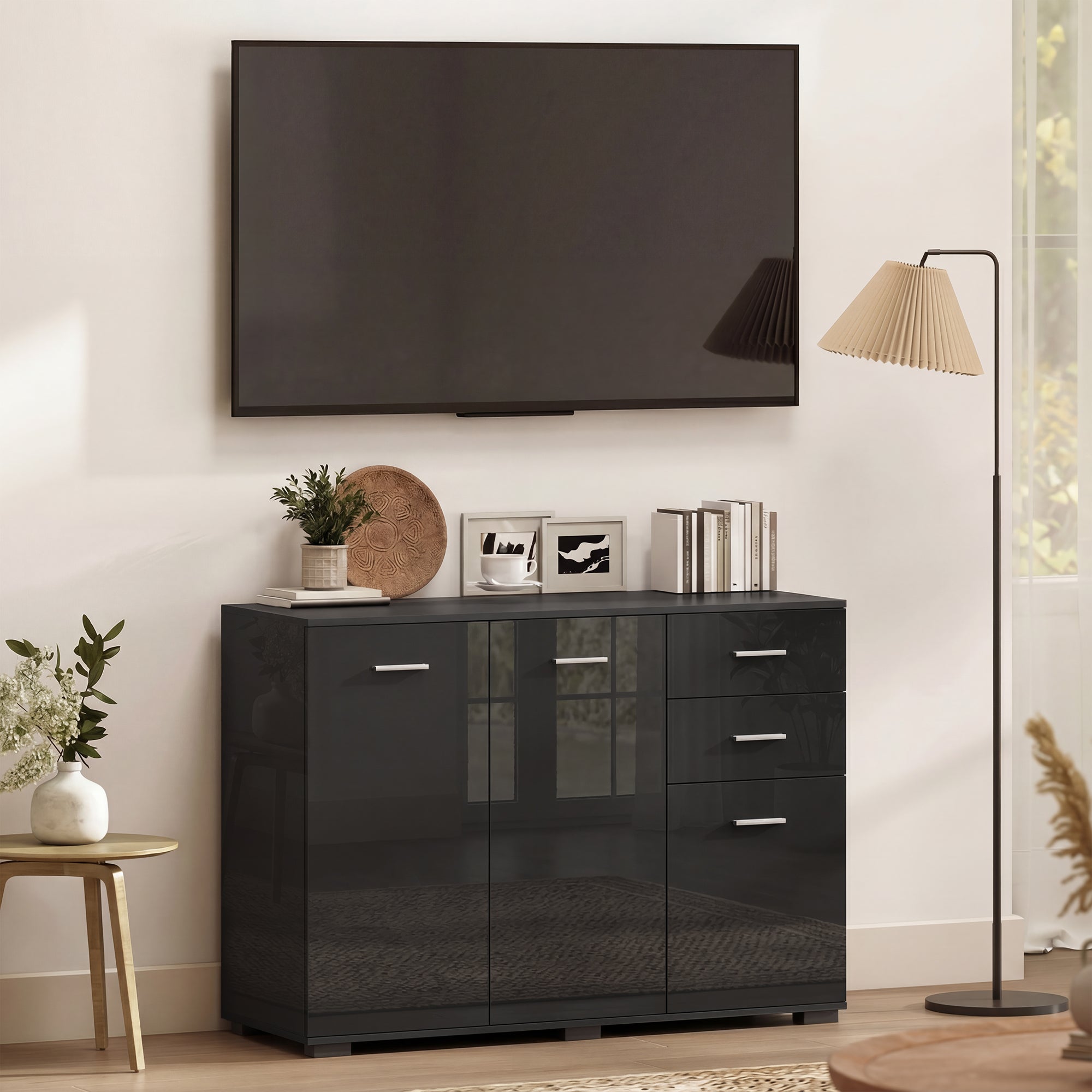 Sideboard, Modern Storage Cabinet with 2 Drawers, 3 Doors and Adjustable Shelves, Kitchen Cabinet for Living Room, Dining Room, High Gloss Black
