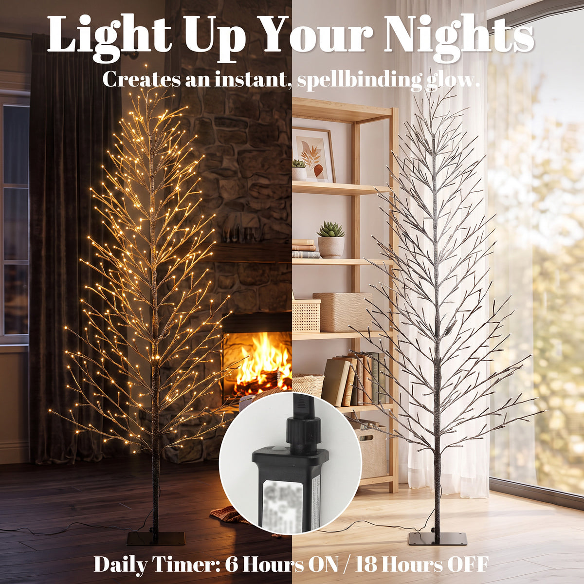 6FT Lighted Snow Flocked Twig Tree with Fairy Lights 328 LED, Daily Timer, Artificial Tree with 41 Branches for Home Indoor Sheltered Outdoor, Christmas Decor