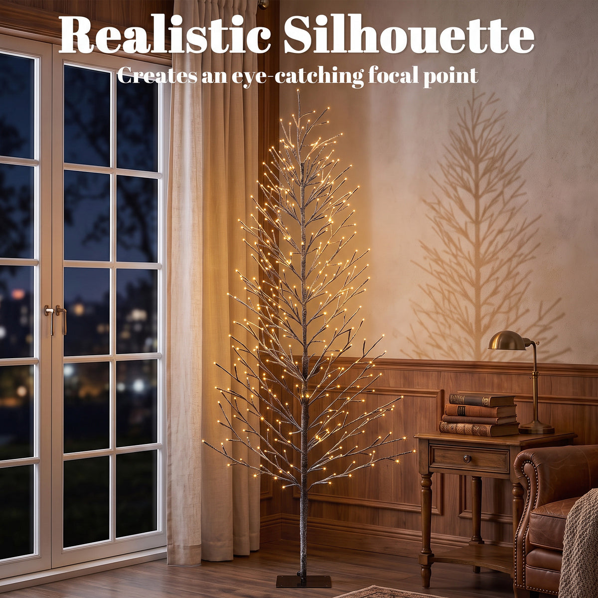 6FT Lighted Snow Flocked Twig Tree with Fairy Lights 328 LED, Daily Timer, Artificial Tree with 41 Branches for Home Indoor Sheltered Outdoor, Christmas Decor