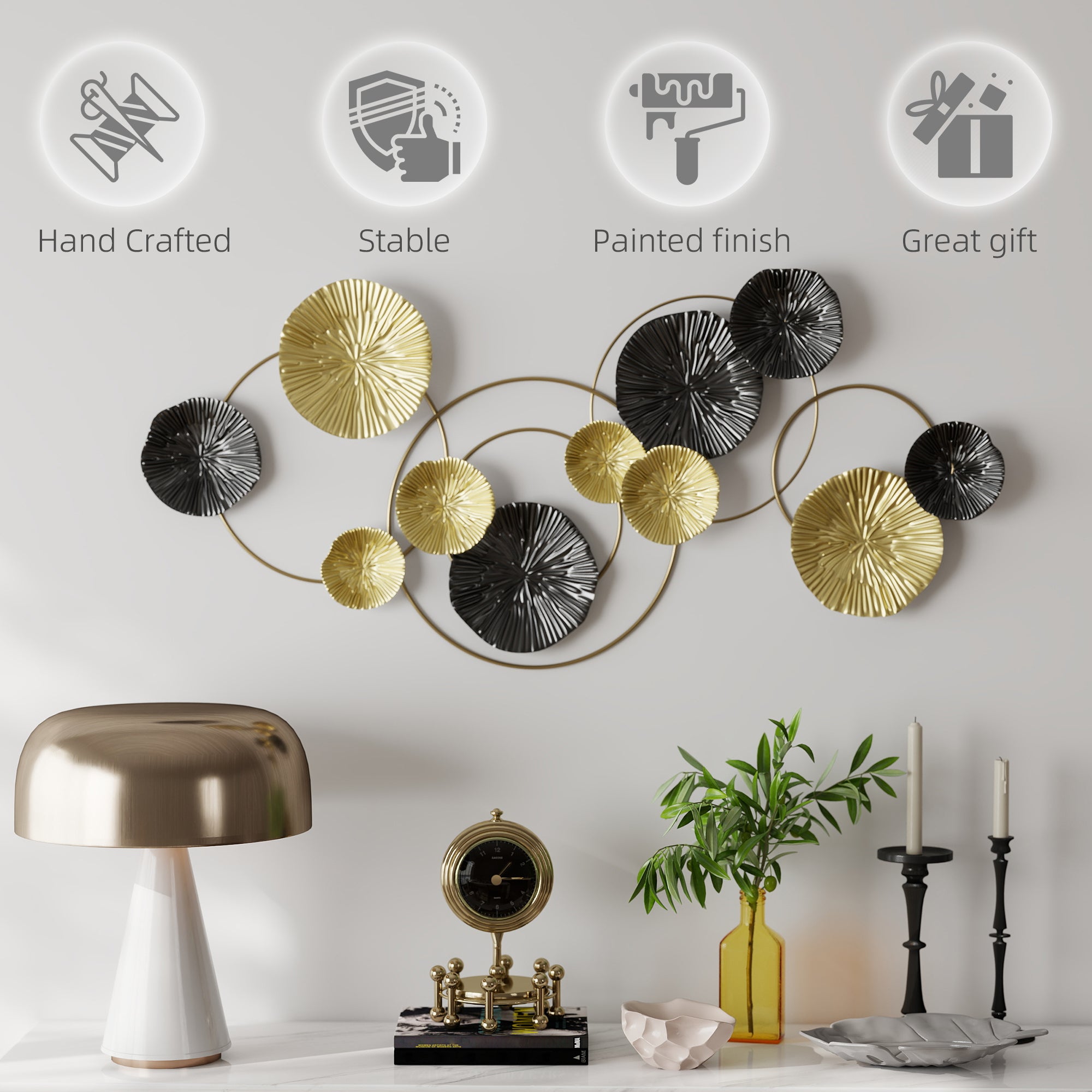 Large Metal Wall Art, Modern Hanging Wall Sculpture with Unique Multi-Disc Design, Horizontal or Vertical Metal Hanging Decoration for Living Room Bedroom Entryway