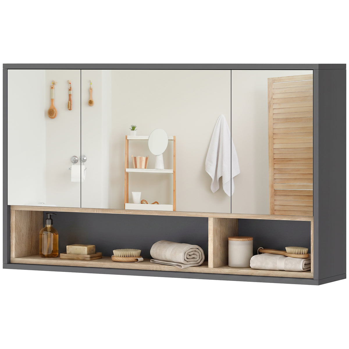 Medicine Cabinet with Mirror, Wall Mounted Bathroom Mirror Cabinet with Shelves, 3 Doors Storage Cabinet, Grey